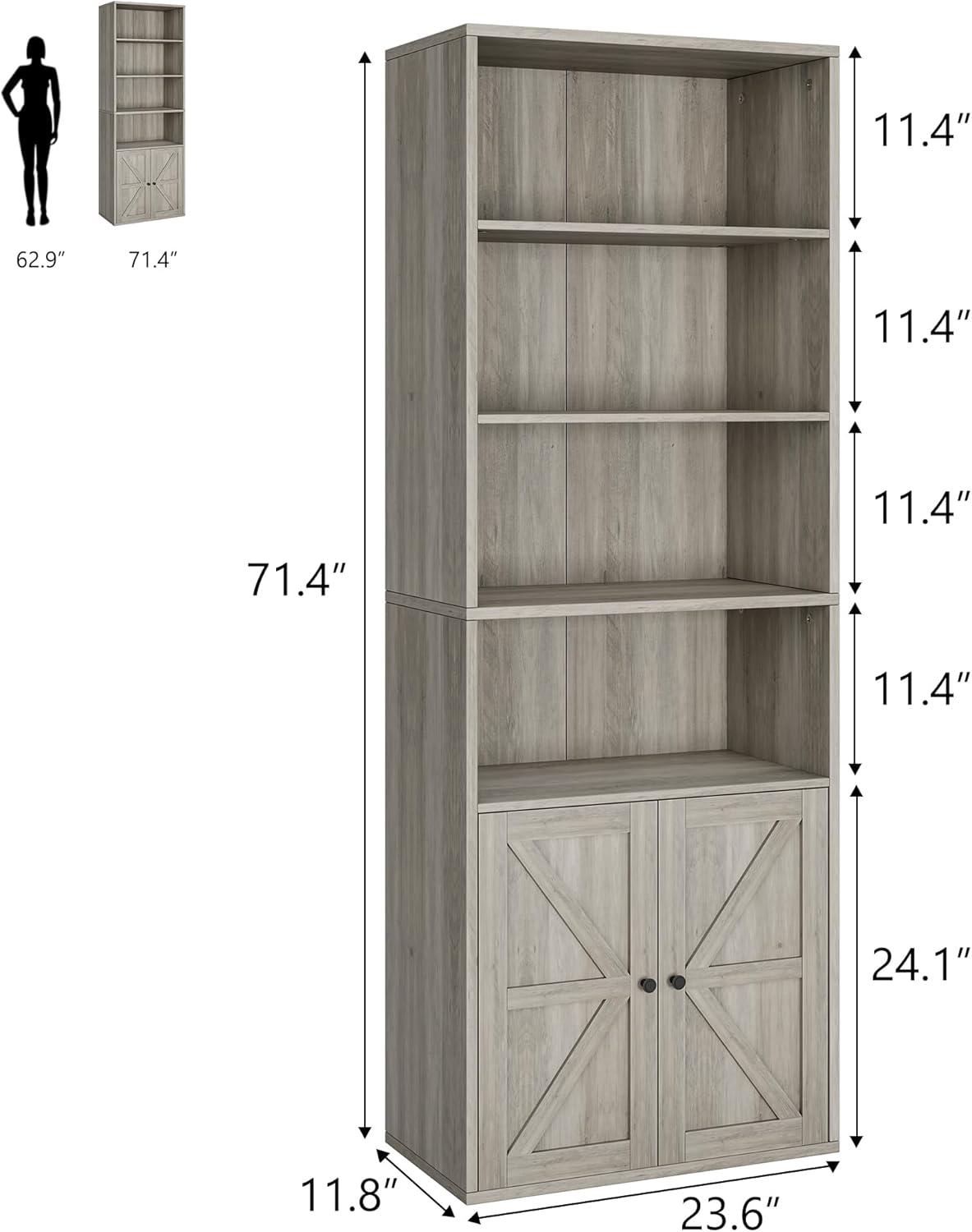 ZanQee Bookcase with Doors Industrial Bookshelf 11.8in Depth Display Storage Shelves 71.4in Tall Farmhouse Bookcases Wooden 6 Shelf Bookshelvels for Bedroom, Living Room, Home Office, Grey