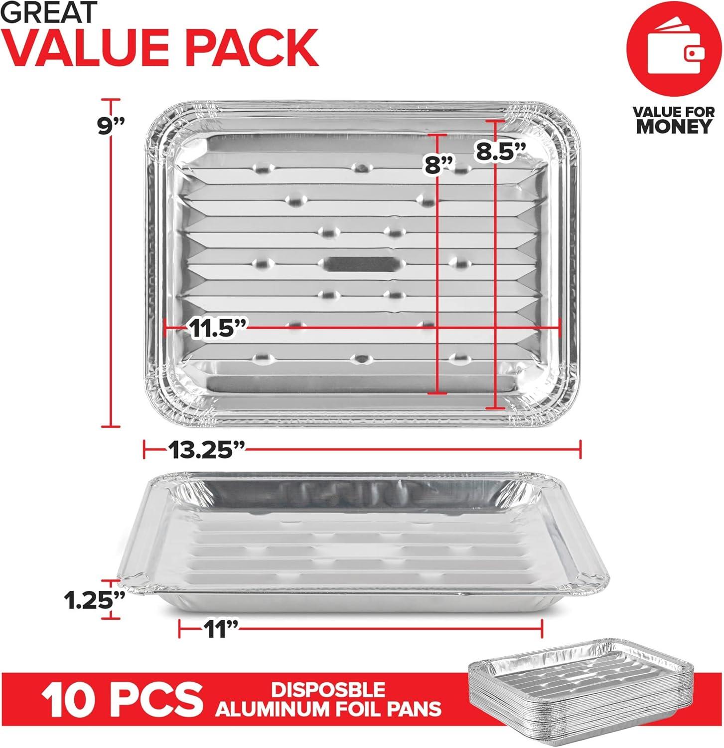 Disposable Aluminum Foil Broiler Pans (10 Pack) - Broiler Drip Pans for Oven - Durable Broiling Pans with Ribbed Bottom Surface for BBQ Grill Like Texture - 13x9 Inch Broiler Pan