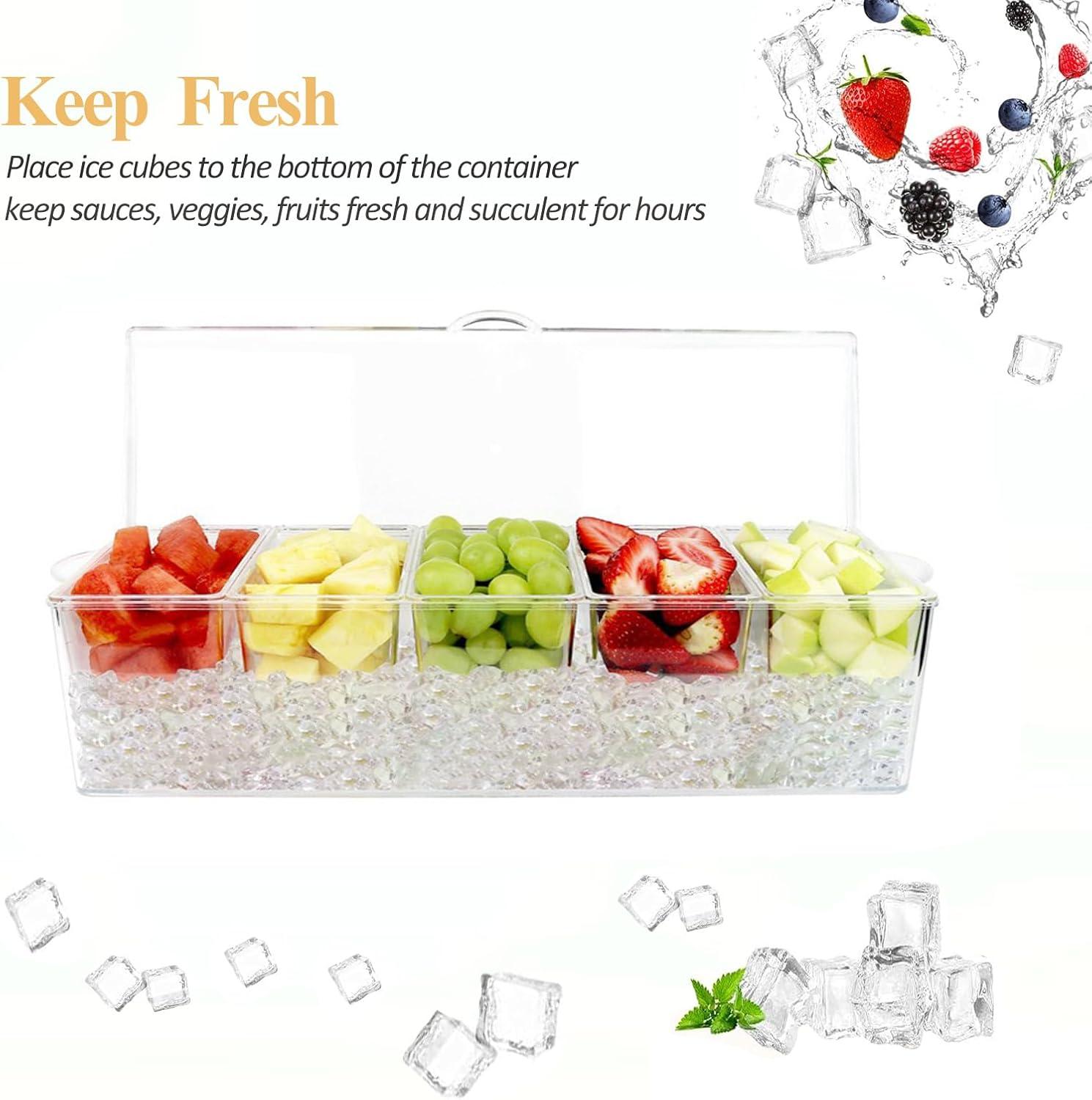 DGPERTE Ice Chilled Serving Tray Condiment Pots 5 Compartment Condiment Server Caddy (Clear, 5 Compartments)