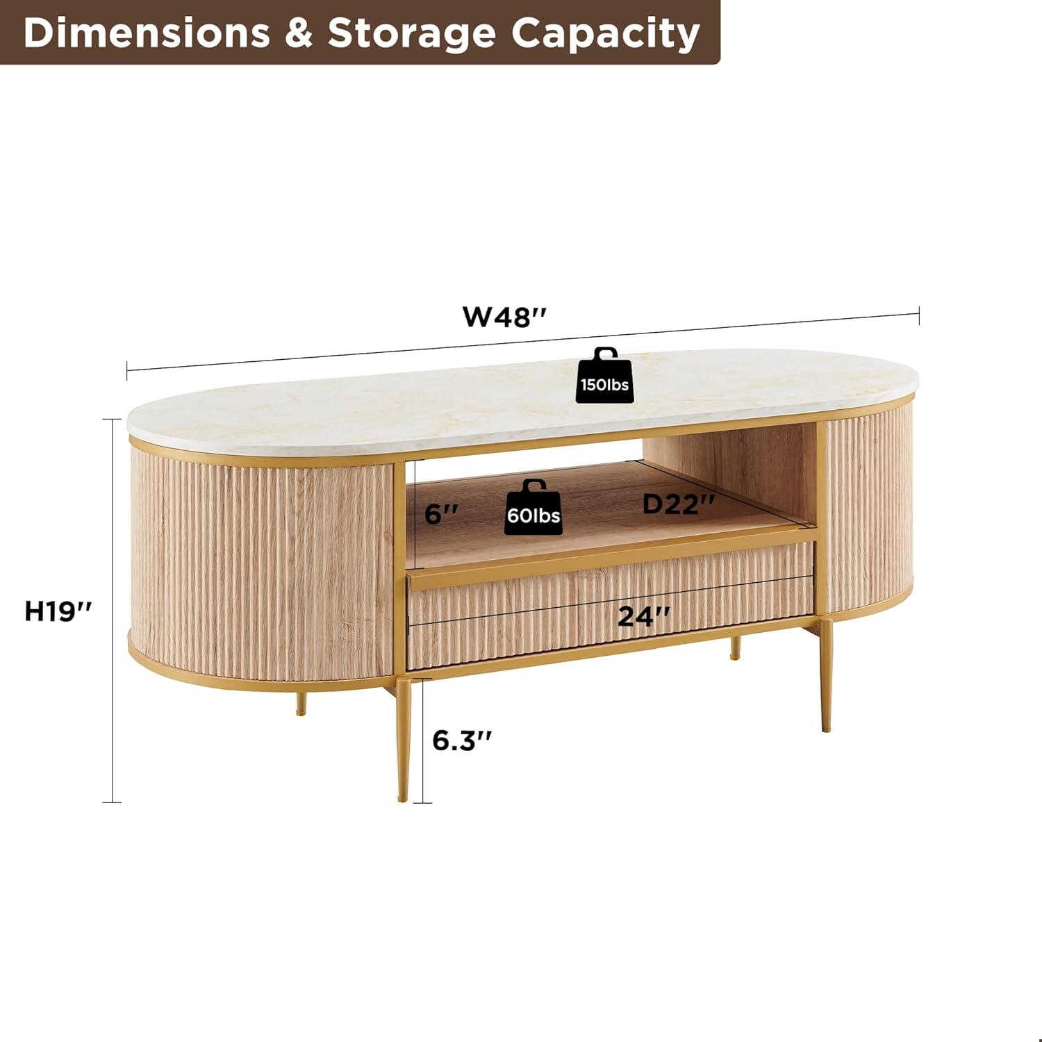 Everly Quinn Modern Fluted Coffee Table, 48" Oval Coffee Table with Drawer,Curved Profile Design,Center Table for Living Room