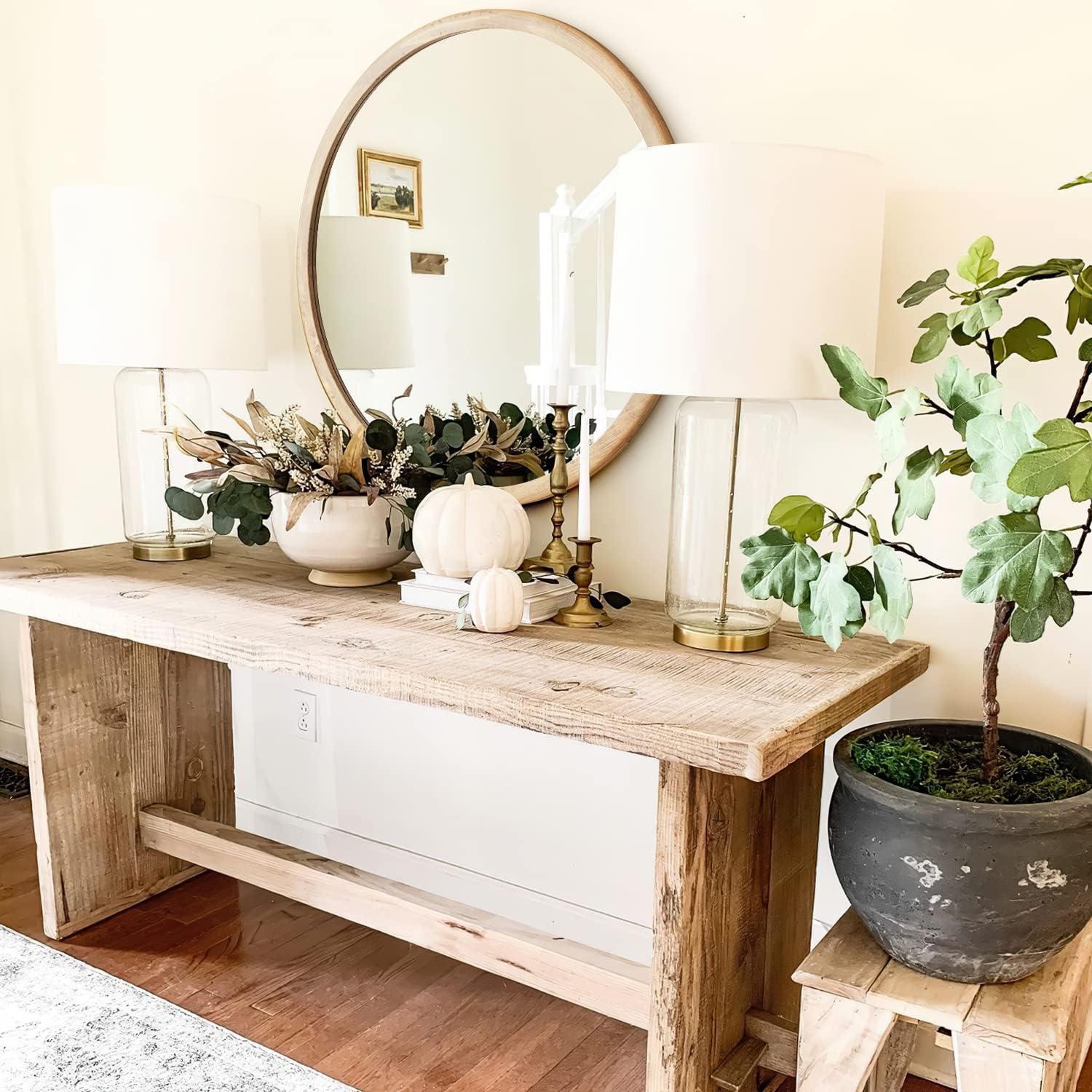 Circle Wooden Wall Mirror,18 inch Round Natural Wood Mirror Large Rustic Farmhouse Decor Mirror for The Living Room,Bathroom,Bedroom