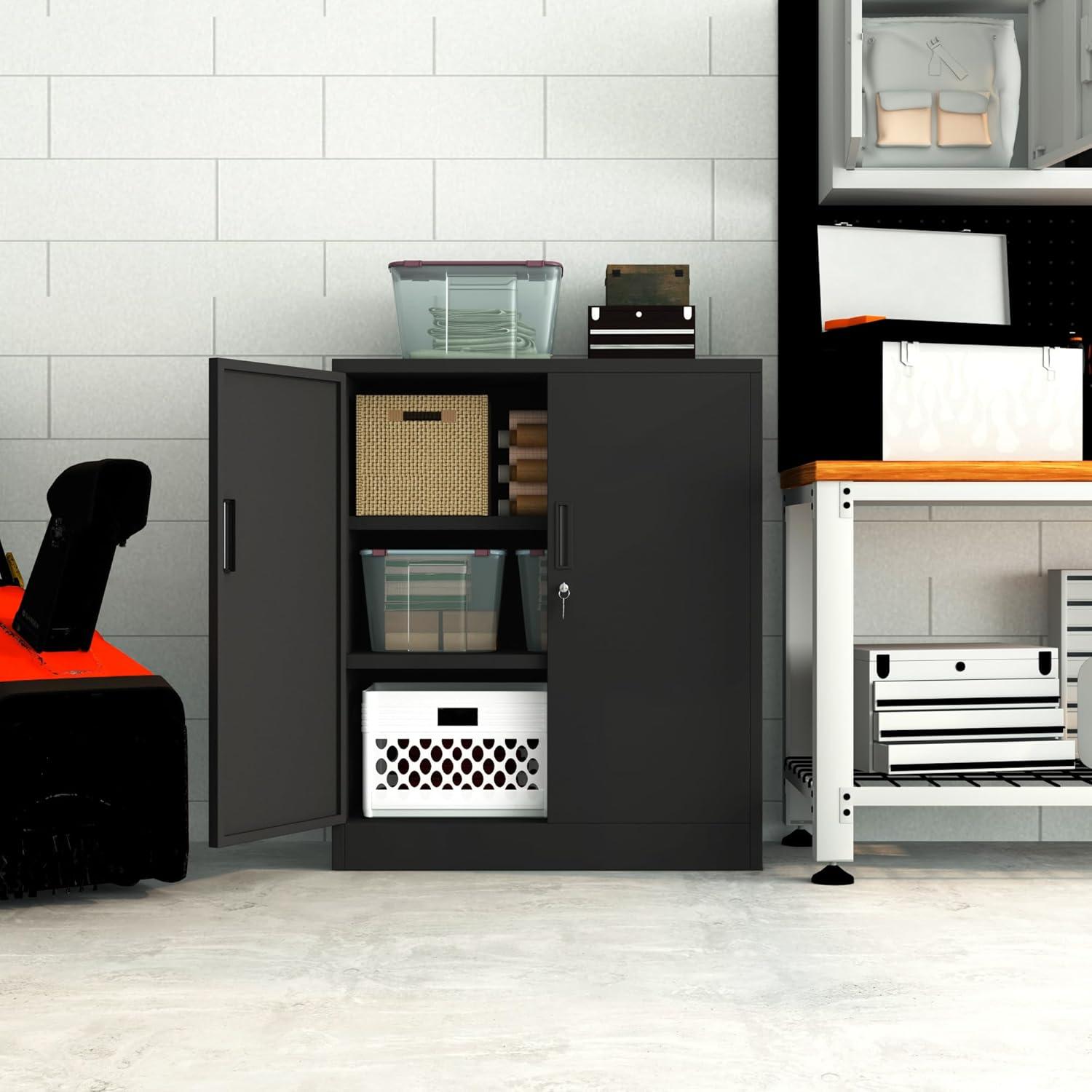 Metal Storage Cabinet, 36" H Locking Storage Cabinet with Adjustable Shelves, Steel Storage Cabinet for Garage, Home, Office, Utility Room-Black