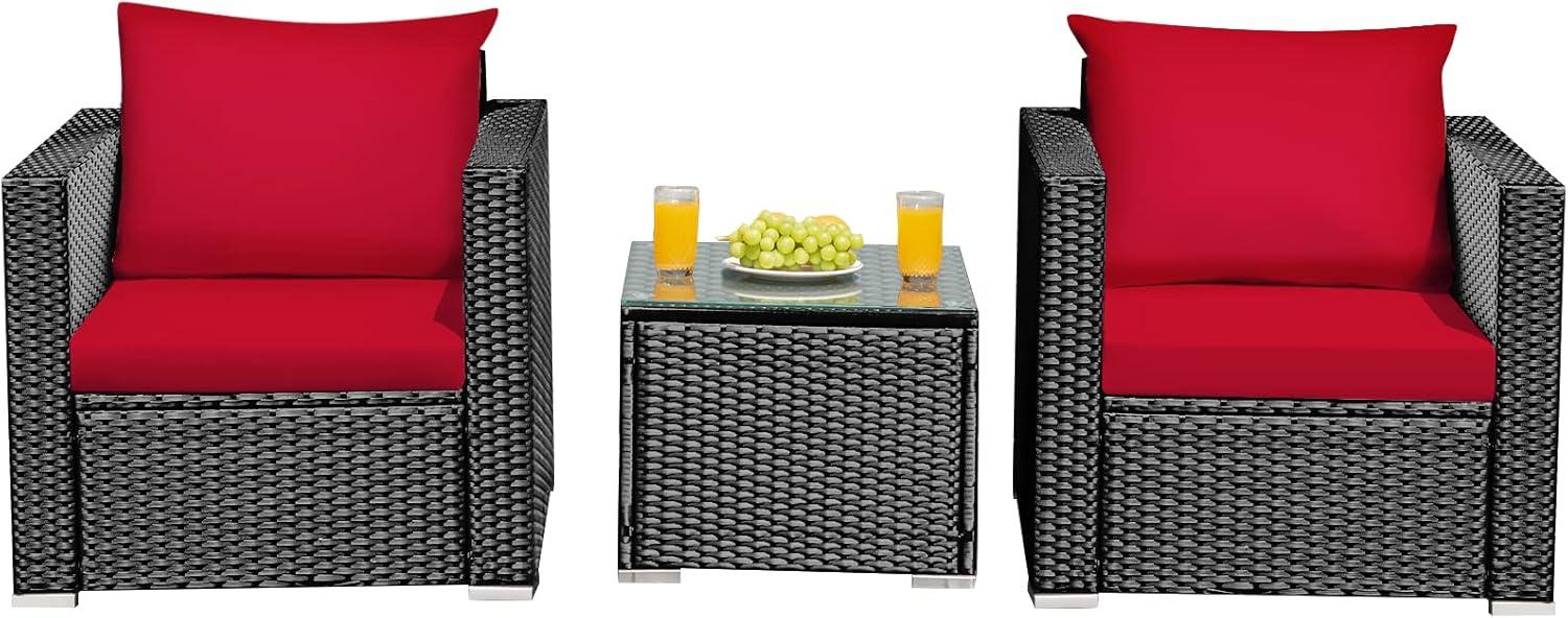 Costway 3PCS Patio Rattan Wicker Furniture Set Sofa Table W/Cushion Yard Red