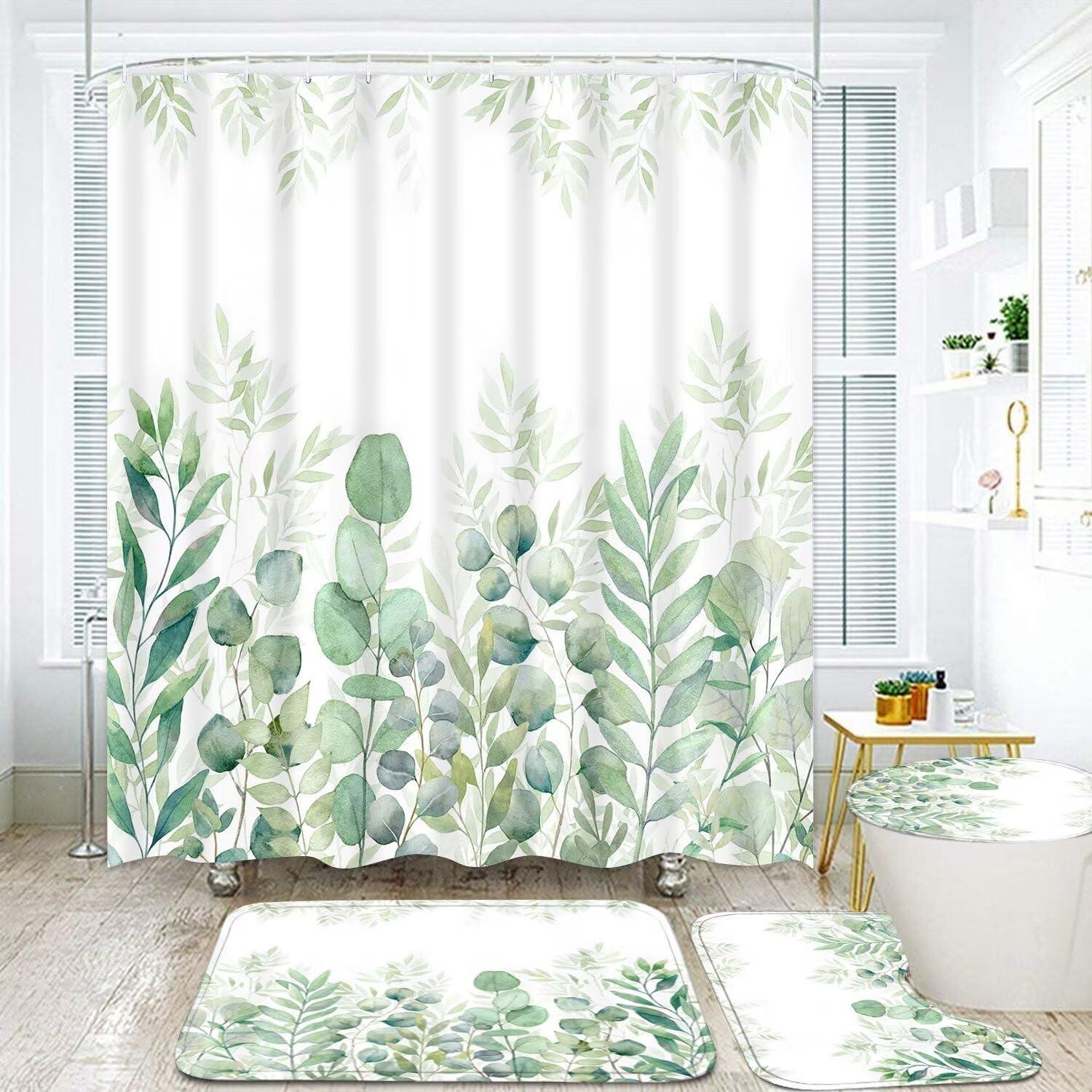 DDQQ Green Leaves Shower Curtain Sets with Non-Slip Rug, Toilet Lid Cover and Bath Mat, Plant Leaves Shower Curtain Sets with 12 Hooks, Shower Curtain for Bathroom Set Decor