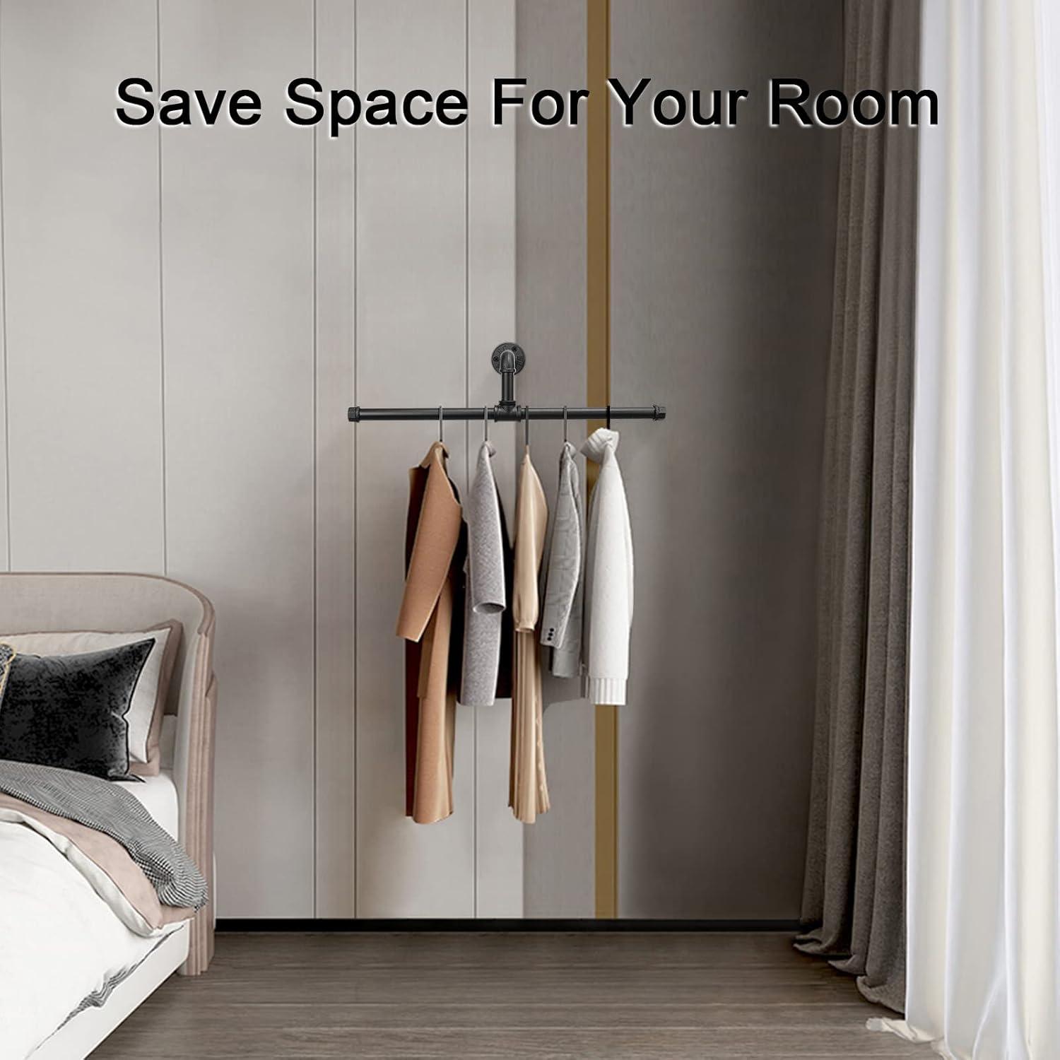 Industrial Pipe Clothes Rack Floating DIY Wall Mounted, Heavy Duty Rustic Vintage Clothing Rod, Metal Garment Bar Space-Saving Hanging for Bedroom, Bathroom and Laundry Room (Black)