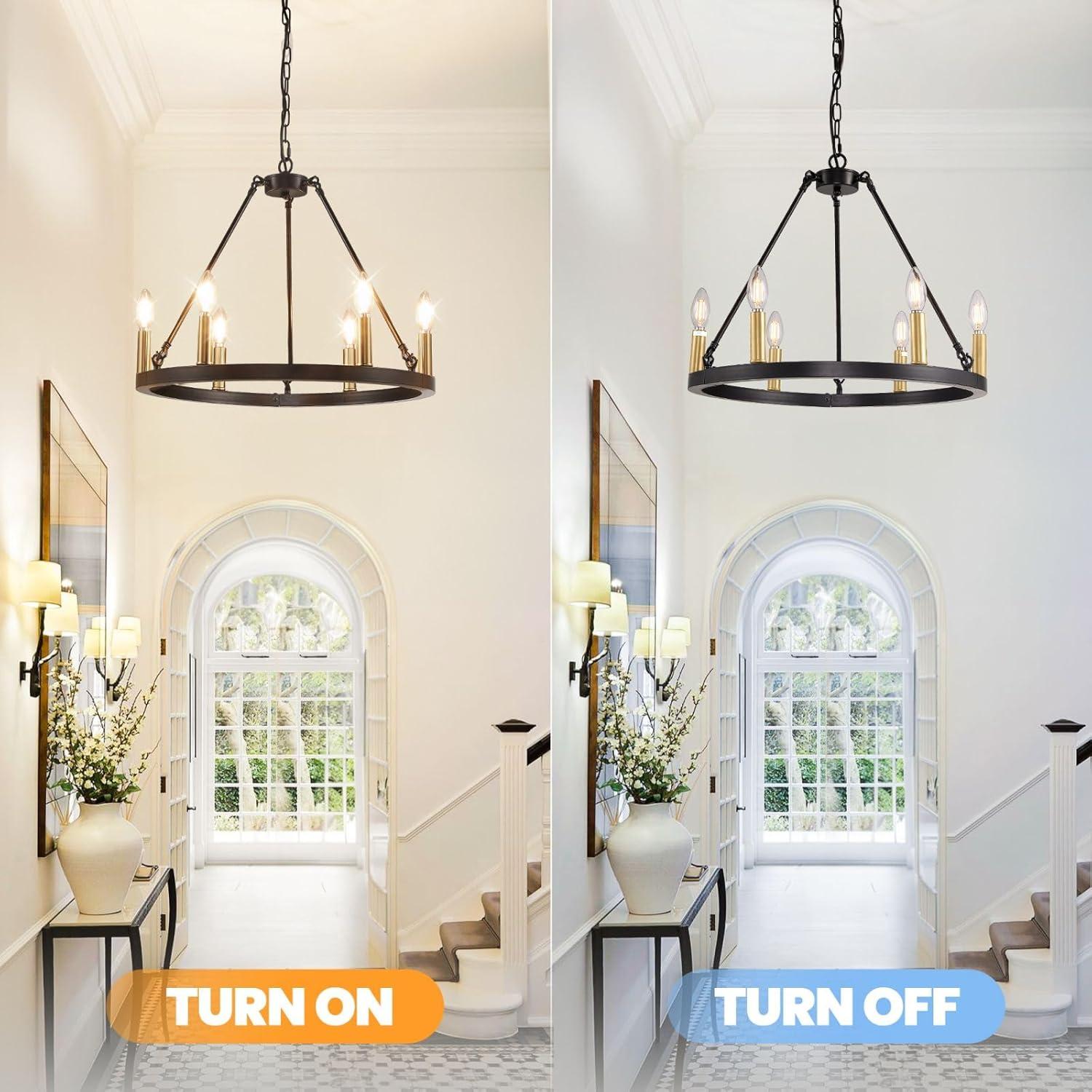 6-Light Black and Gold Chandelier, Farmhouse Wagon Wheel Chandelier, Round Chandeliers for Dining Room, Rustic Kitchen Island Iight Fixtures, Dining Room Light Fixtures Over Table