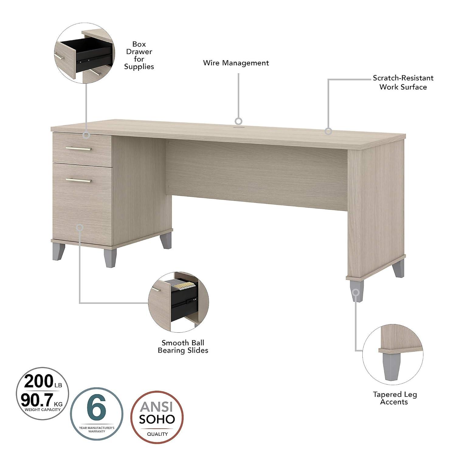 Bush Furniture Somerset 72" Desk and Hutch with Storage, Sand Oak