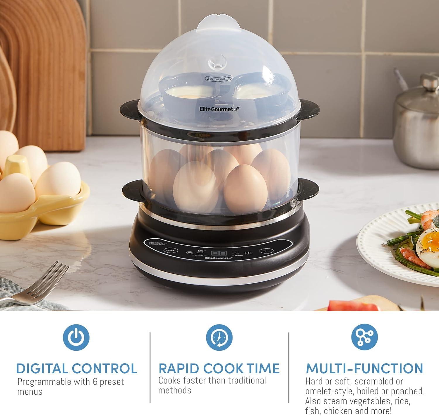 Elite Gourmet Black Digital 2-Tier Egg Cooker and Steamer