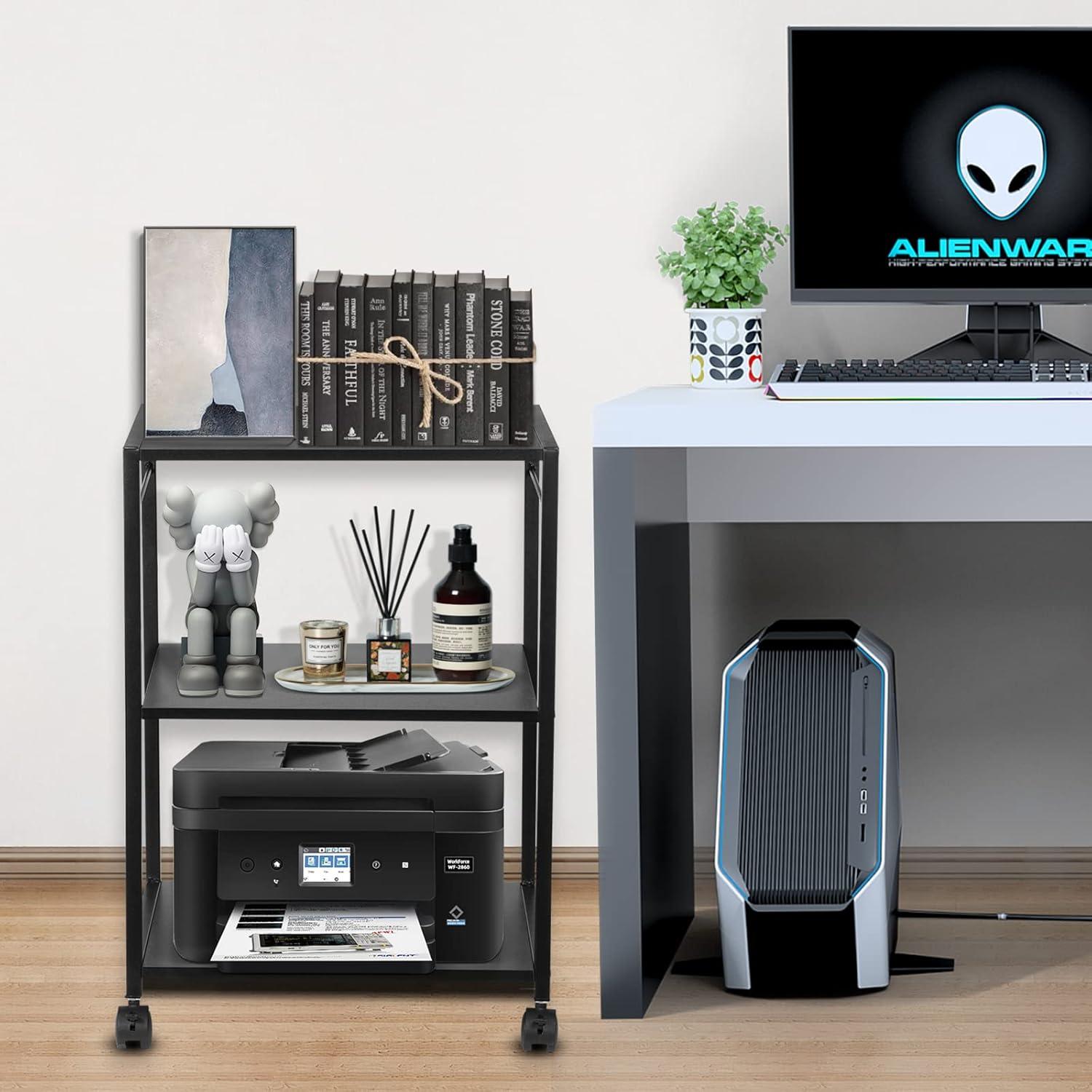 Black Adjustable 3-Tier Printer Stand with Storage Shelves