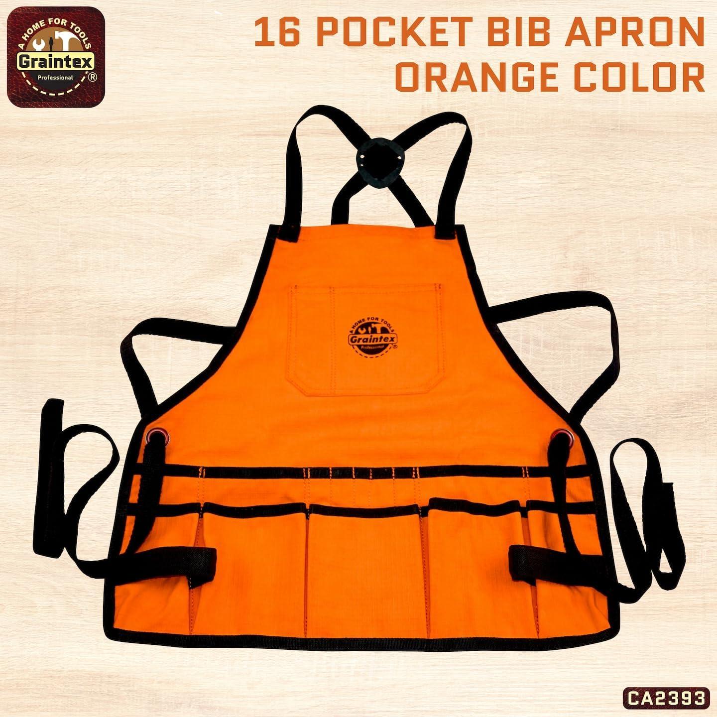 Graintex CA2393 :: Bib Apron 16 Pocket Orange Color Rip-stop Canvas, One Size Fits All