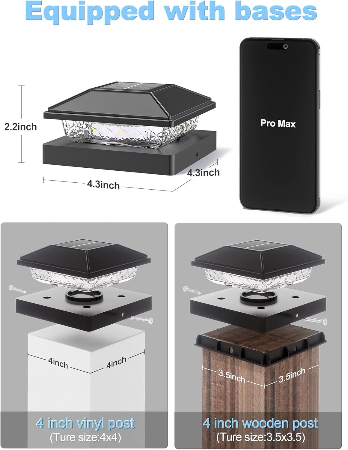 VOLISUN 4x4 Solar Fence - Post Lights Outdoor Waterproof 12pack, Deck Cap Light for 4x4 Wooden/4x4 Vinyl,Black Solar Fence Post Cap Light for Garden/Patio/Porch