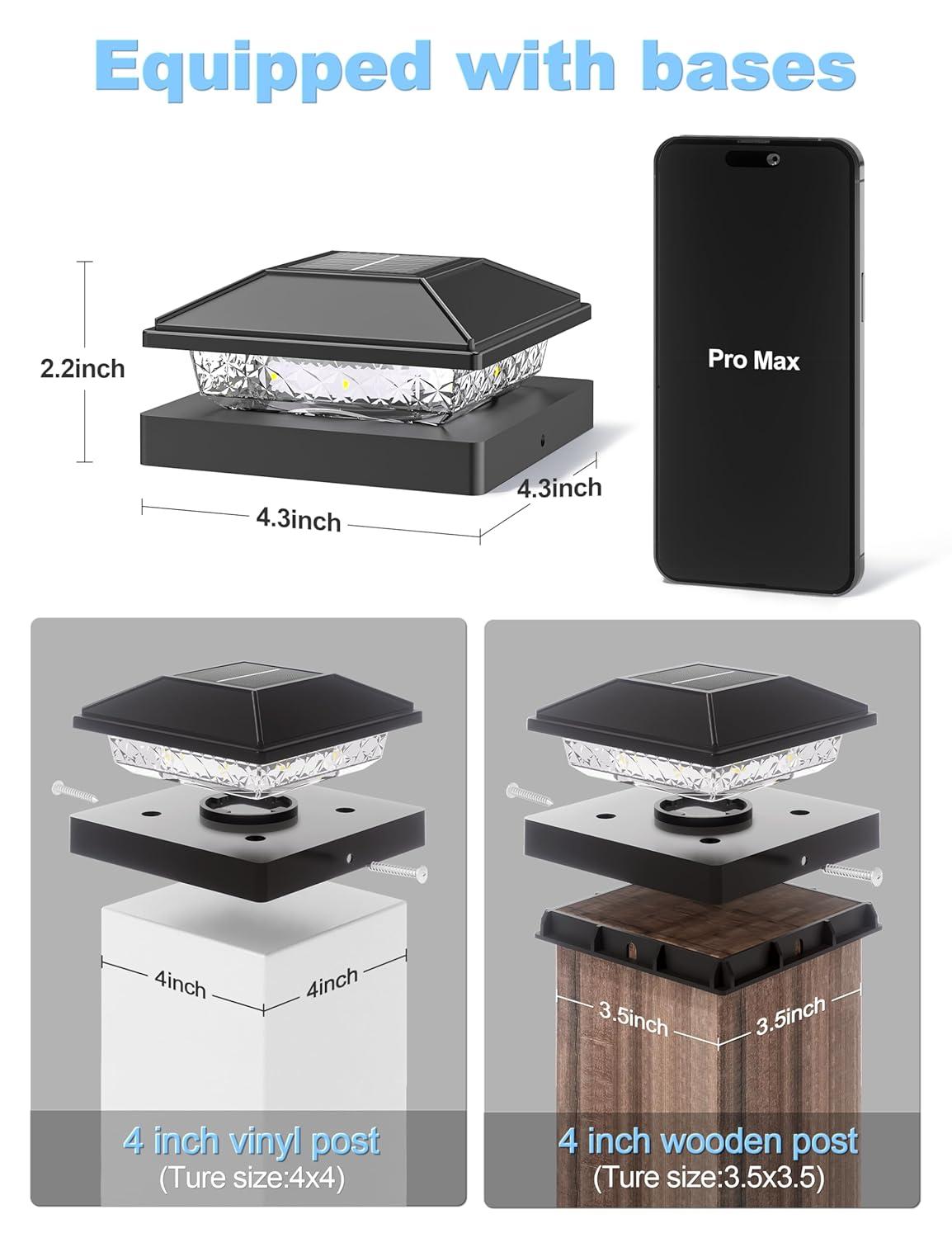 VOLISUN 4x4 Solar Fence - Post Lights Outdoor Waterproof 12pack, Deck Cap Light for 4x4 Wooden/4x4 Vinyl,Black Solar Fence Post Cap Light for Garden/Patio/Porch