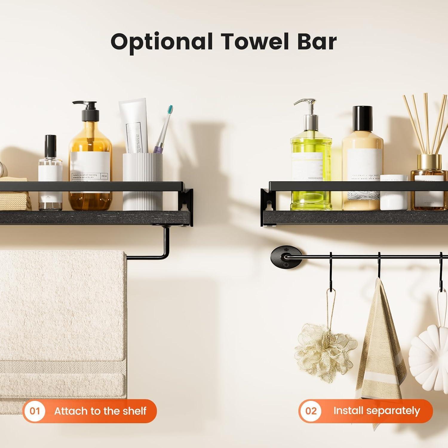 Black Wood Floating Wall Shelves with Towel Bar