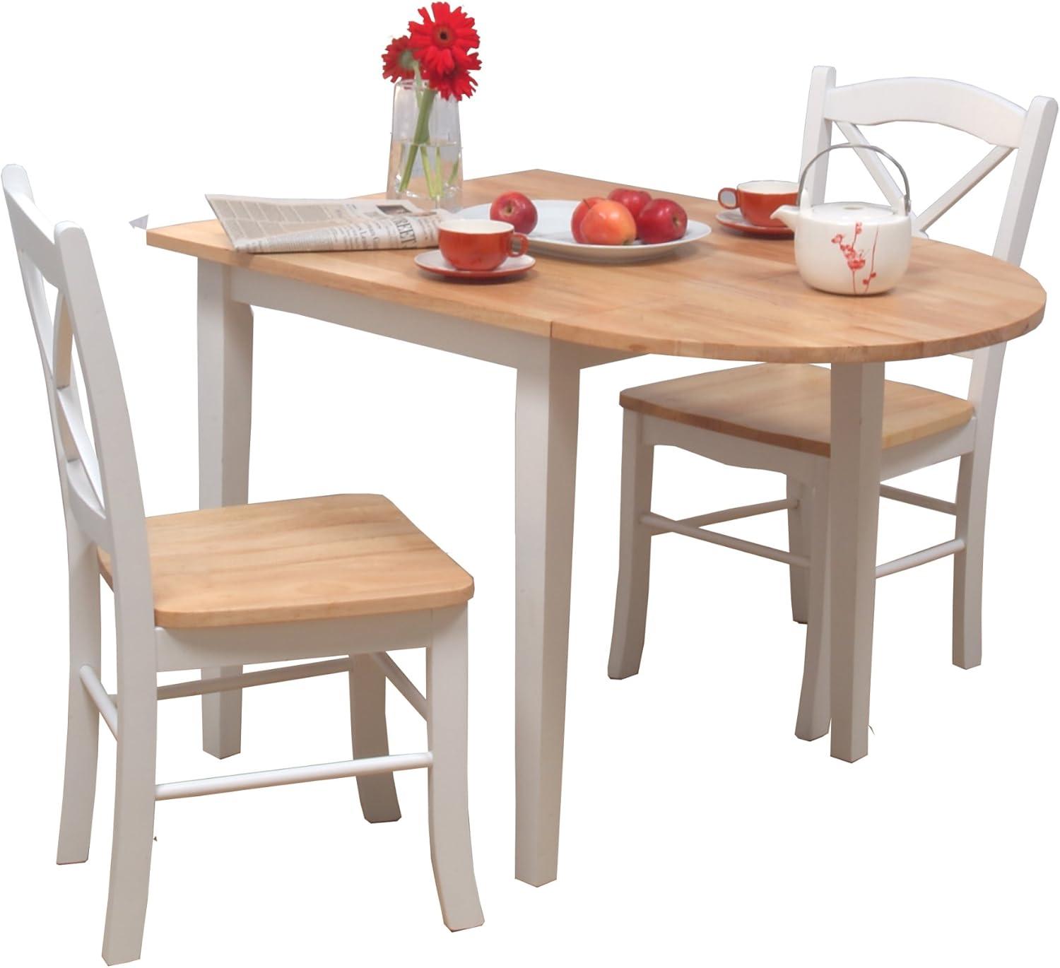 White and Natural Rubberwood Drop-Leaf Dining Set with 2 Chairs