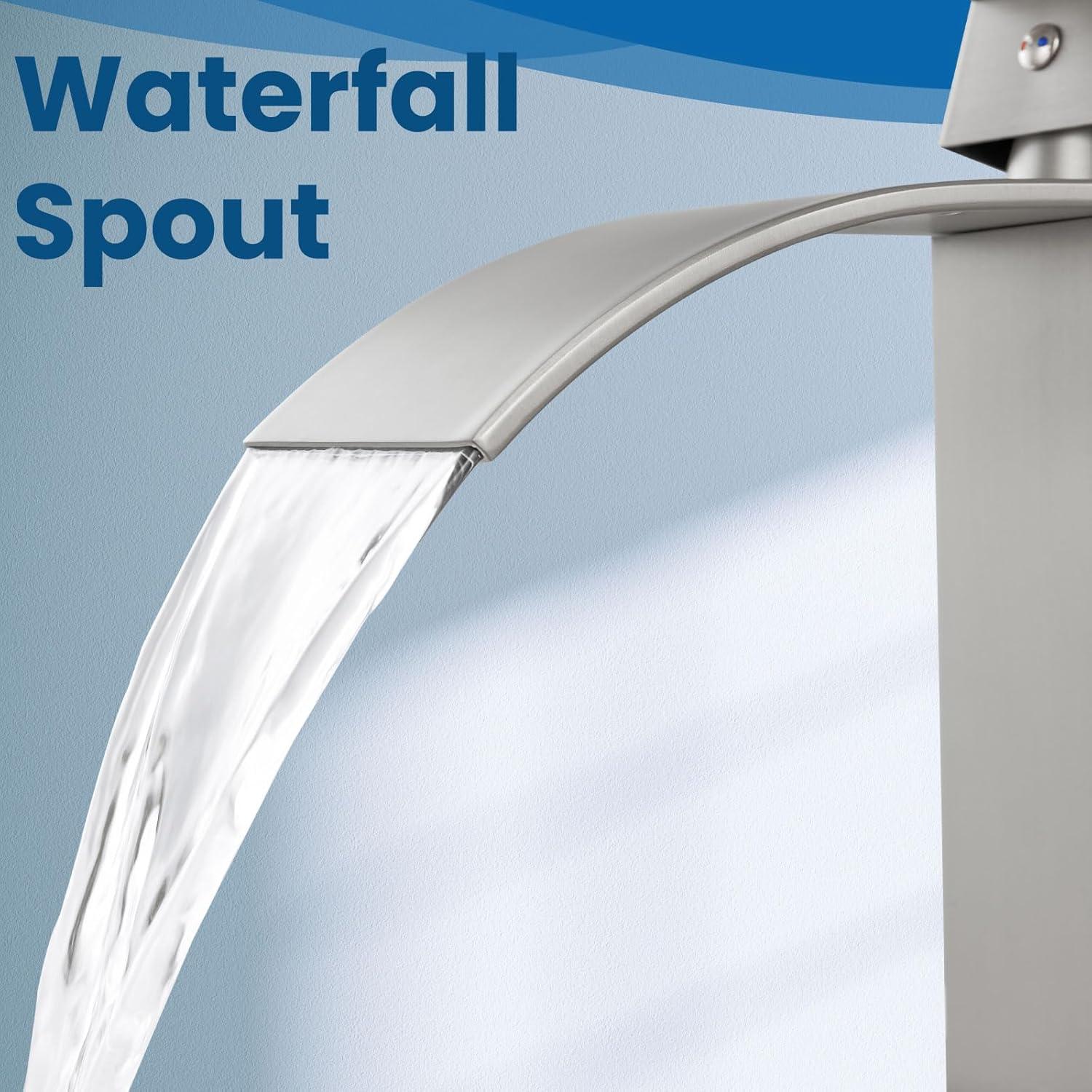 Single Handle Waterfall Vessel Sink Faucet Drain Kit Included and Single Hole in Brushed Nickel