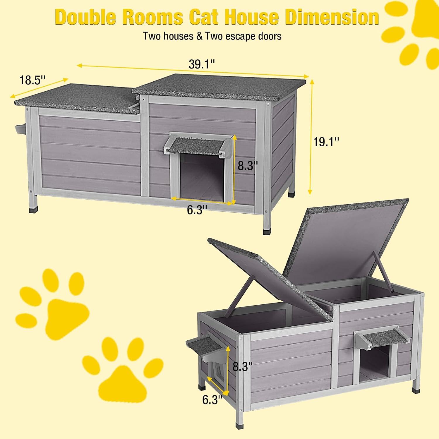 Gray and White Wooden Double Room Outdoor Cat House