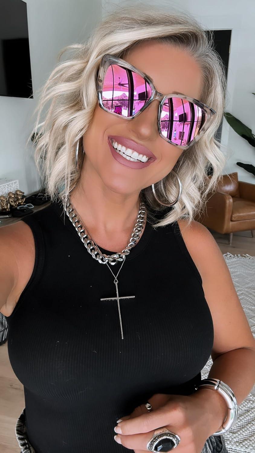 Oversized Cat Eye Cream Tortoise Sunglasses with Pink Mirrored Lenses