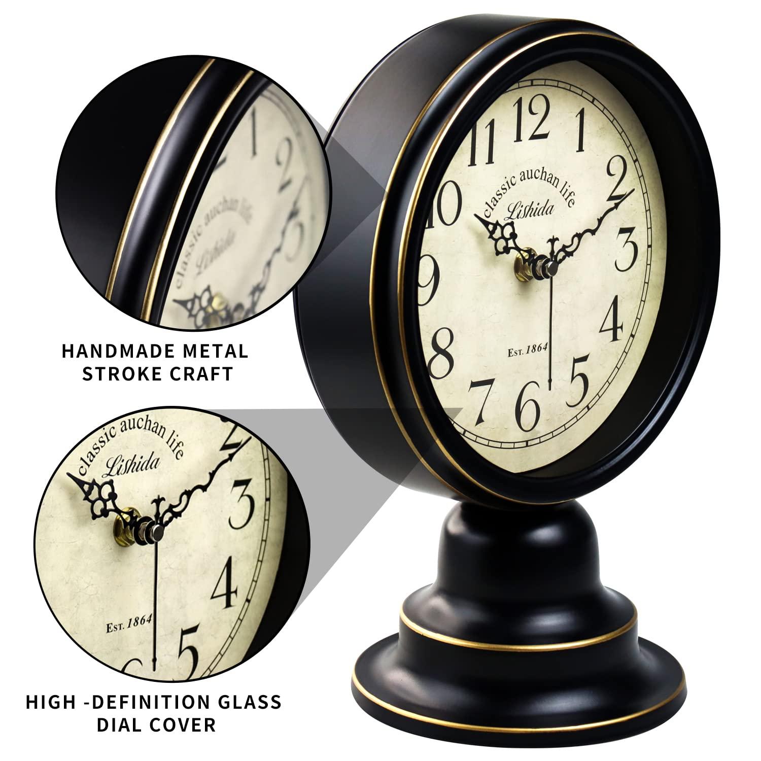 Mid Century Modern Desk Clock for Bedroom Kitchen Vintage Table Clock Mantel Desktop Farmhouse Tabletop Metal Clock for Office Living Room Silent Decor Battery Operated Black Clock