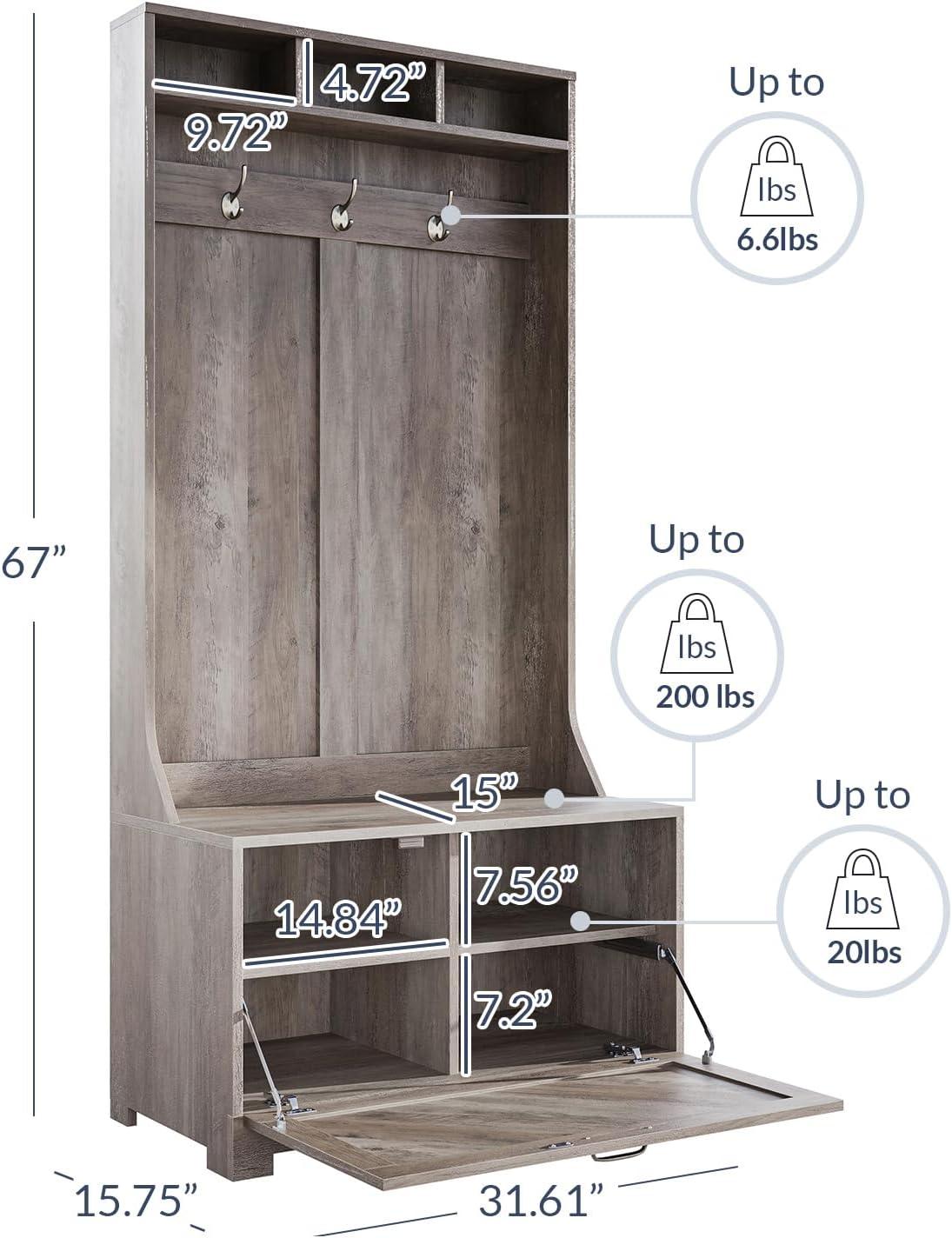 BELLEZE Hilo Hall Tree, 3-in-1 Coat Rack, Storage Bench, Shoe Rack, Gray Wash