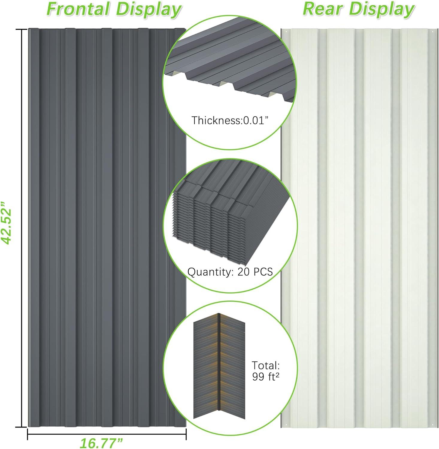 Metal Roof Panels 20 Pcs Roofing Panels Galvanized Steel with Screw Resistant,Versatile and Durable Suitable for Garages,Sheds, Stables and Mobile Homes Gray 99 sq.ft