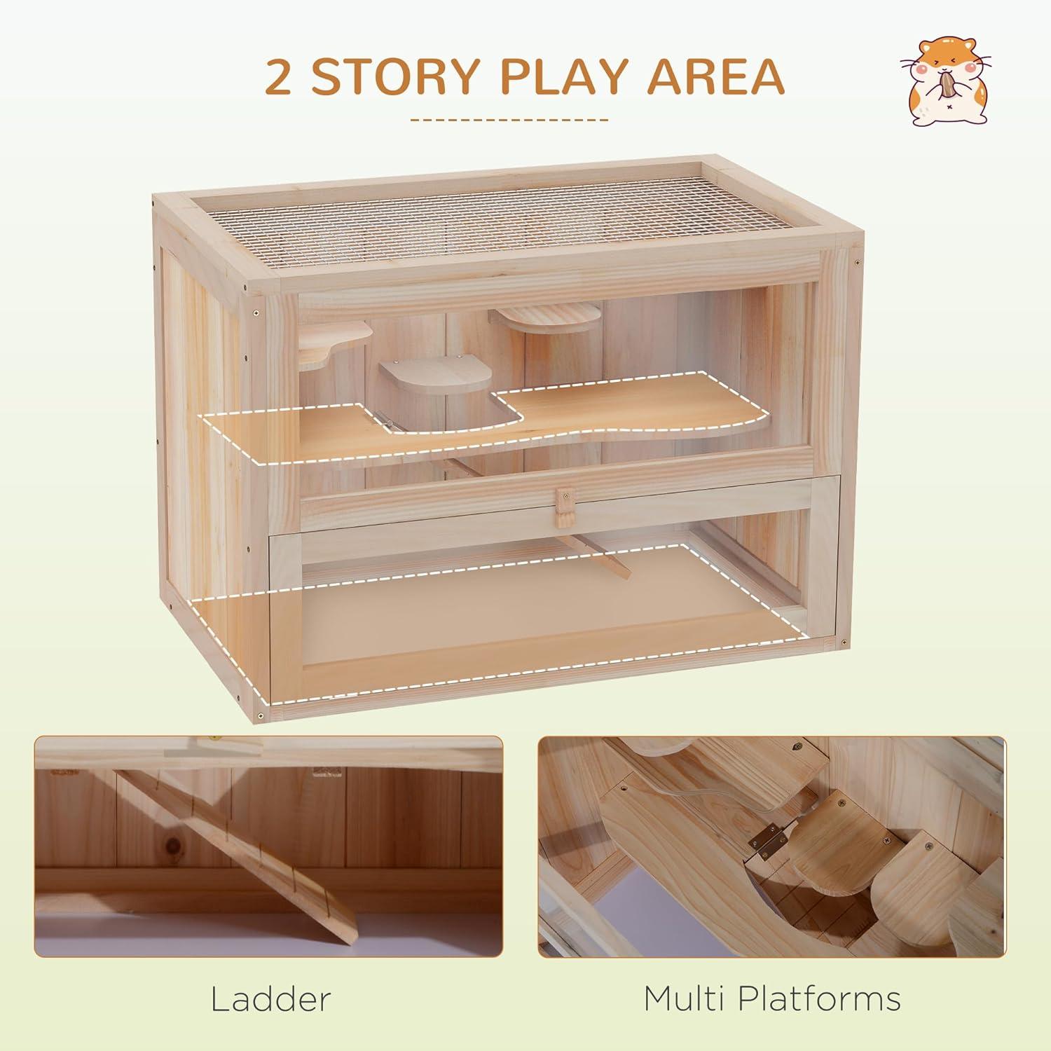 PawHut 2-Level Hamster Cage Mice and Rat House, Small Animal Habitat for Guinea Pigs, Chinchillas with Openable Top, Front Door, Natural