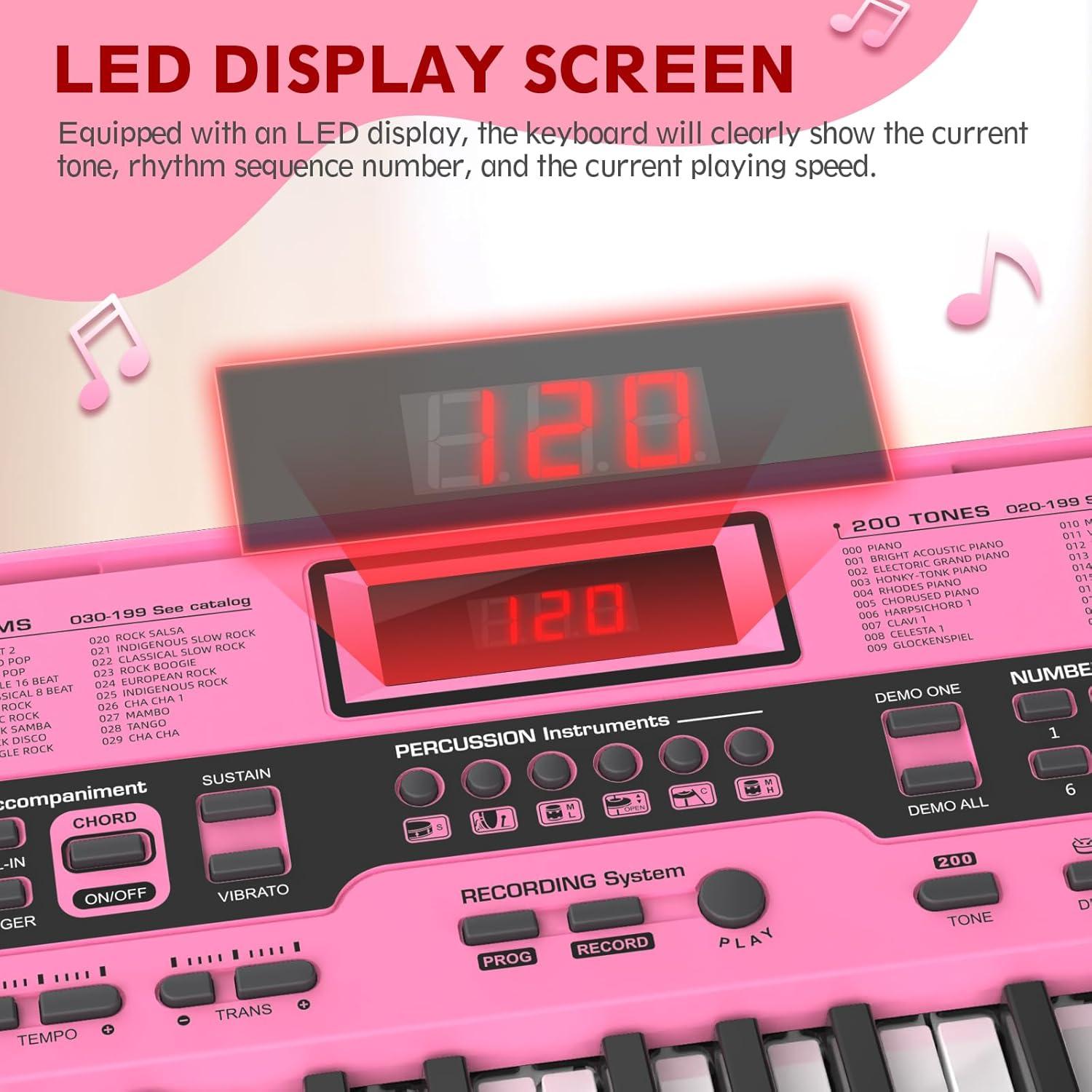 Fenbeli 61 Key Piano Keyboard with Lighted Keys Electric Keyboard Kit with Stand, Bench, Headphones, Built-in Speakers, Pink