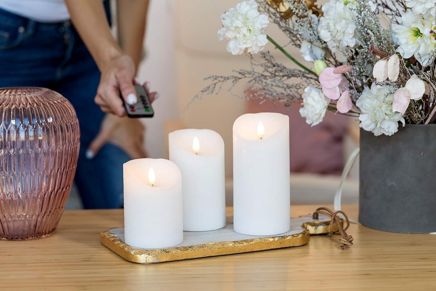 VENTA Set of 3 Ivory & White Pillar Candles | Real Wax Battery Operated Flickering LED Candles with Remote | Timeless Decor for Farmhouse, Modern & Mantel Displays