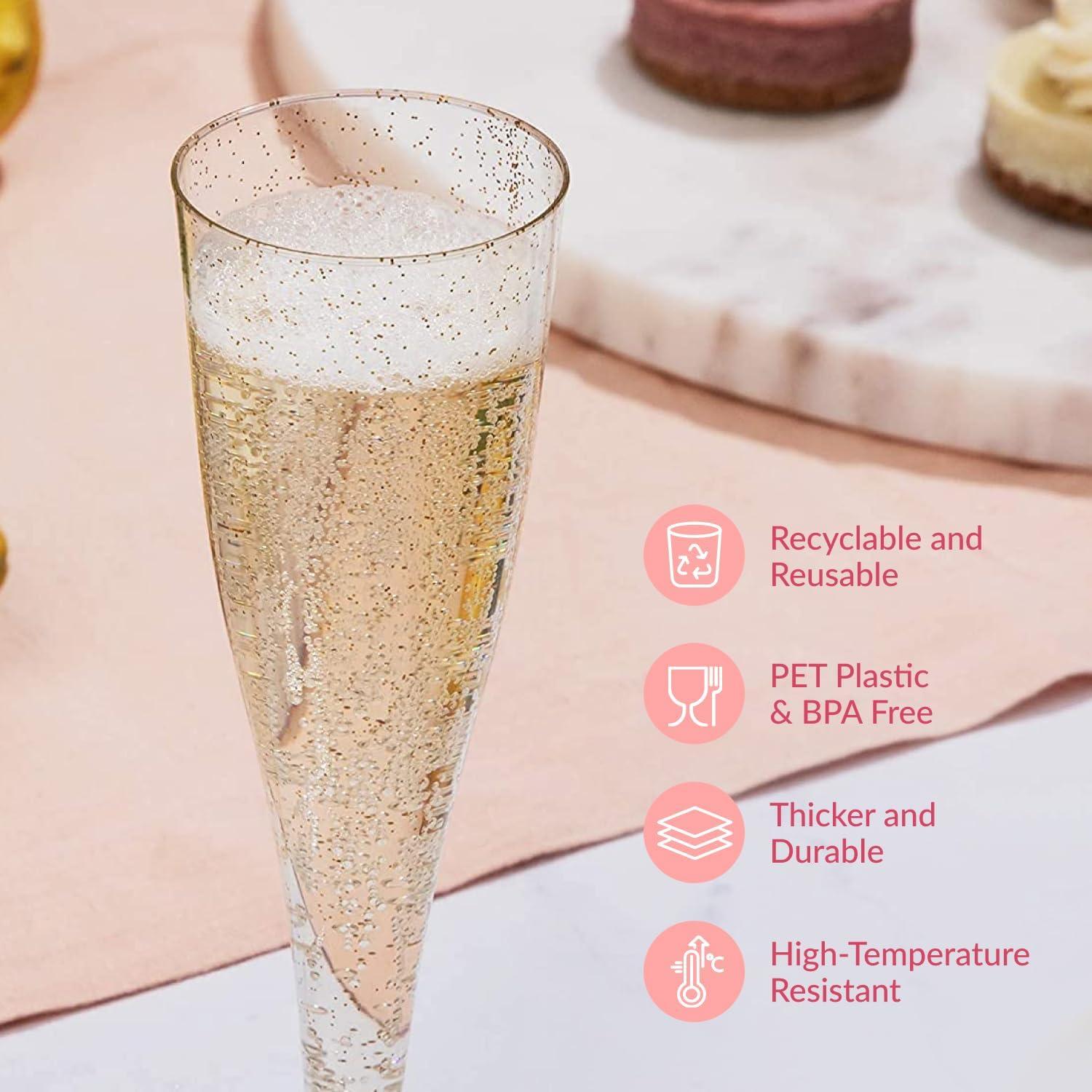Prestee 24 Champagne Flutes Disposable, Gold Rim Glitter Plastic Cups