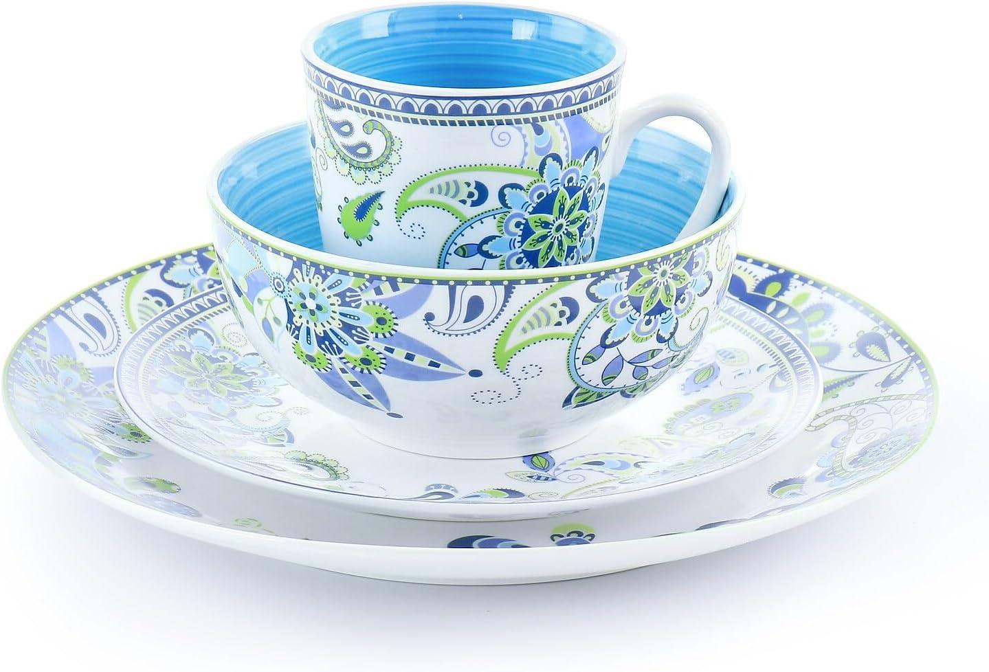 Blue and Green Mandala Porcelain Dinnerware Set, Service for 4