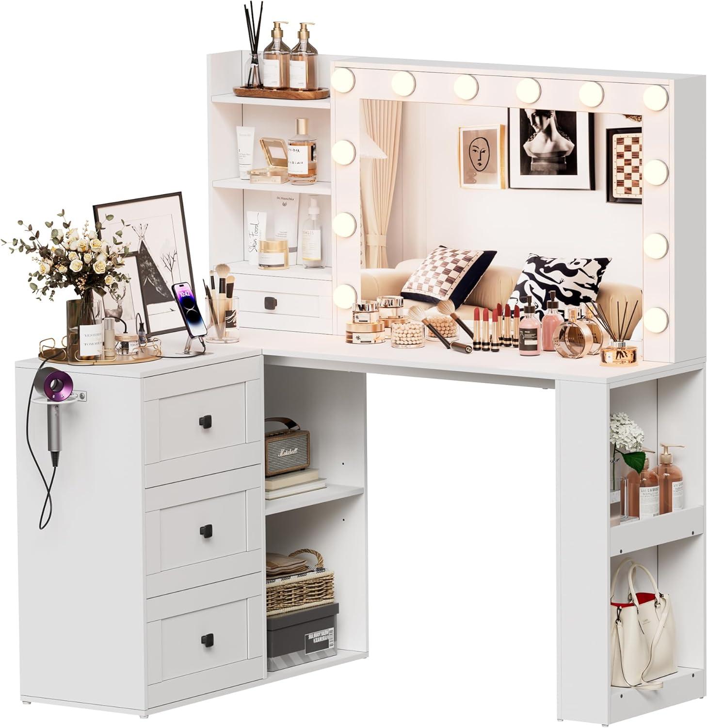 PAKASEPT Vanity Desk with Mirror and Lights, Corner Makeup Table with 3 Color Lighting, White Vanity with Power Strip & Hooks, Hidden and Open Shelves, Adjustable Brightness, 47.2 Inch