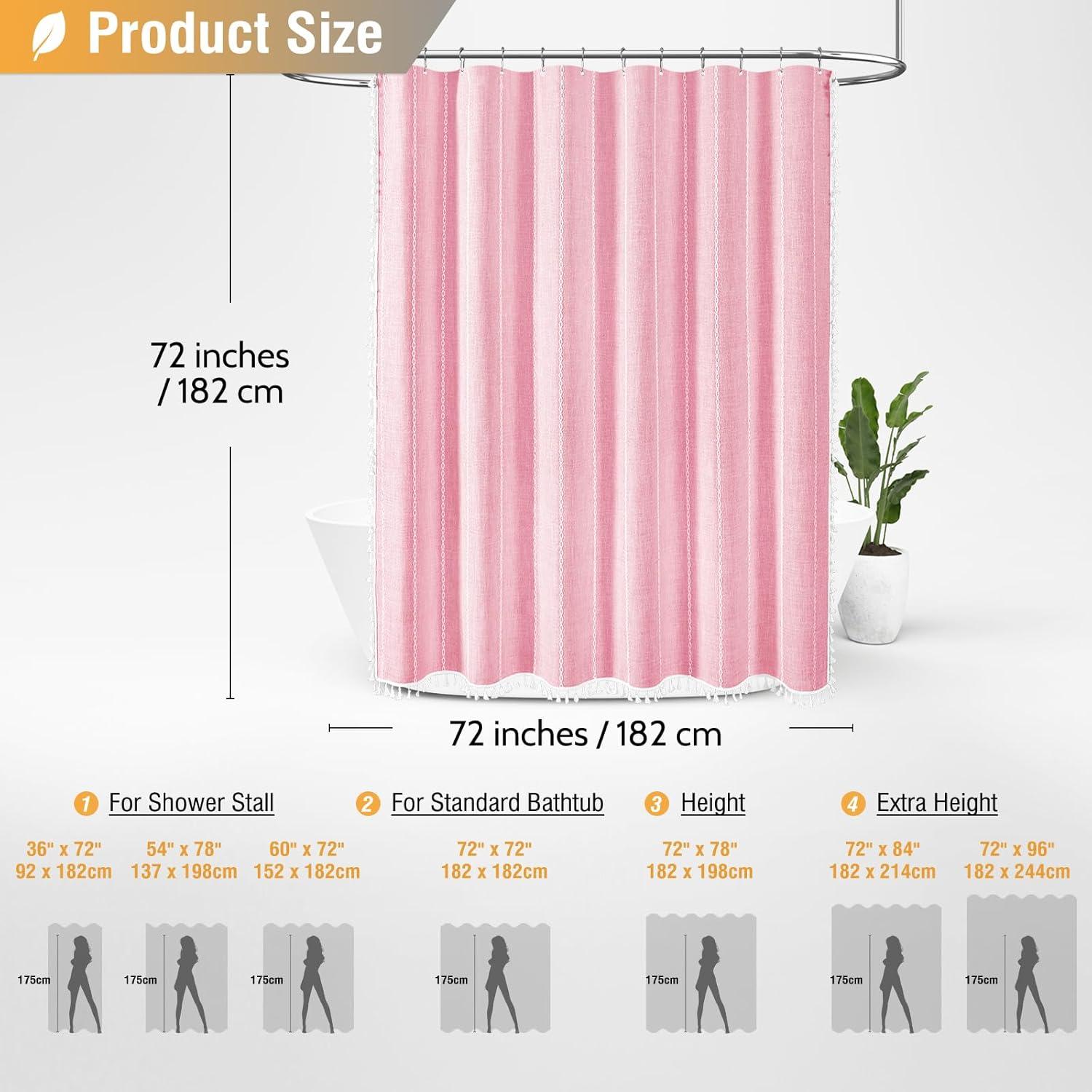 BTTN Pink Boho Shower Curtain, Linen Rustic Striped Fabric Shower Curtain Set with Tassel, Water Repellent, Bohemian Modern Farmhouse Cloth Shower Curtain for Bathroom with Hooks, 72"x72", Blush