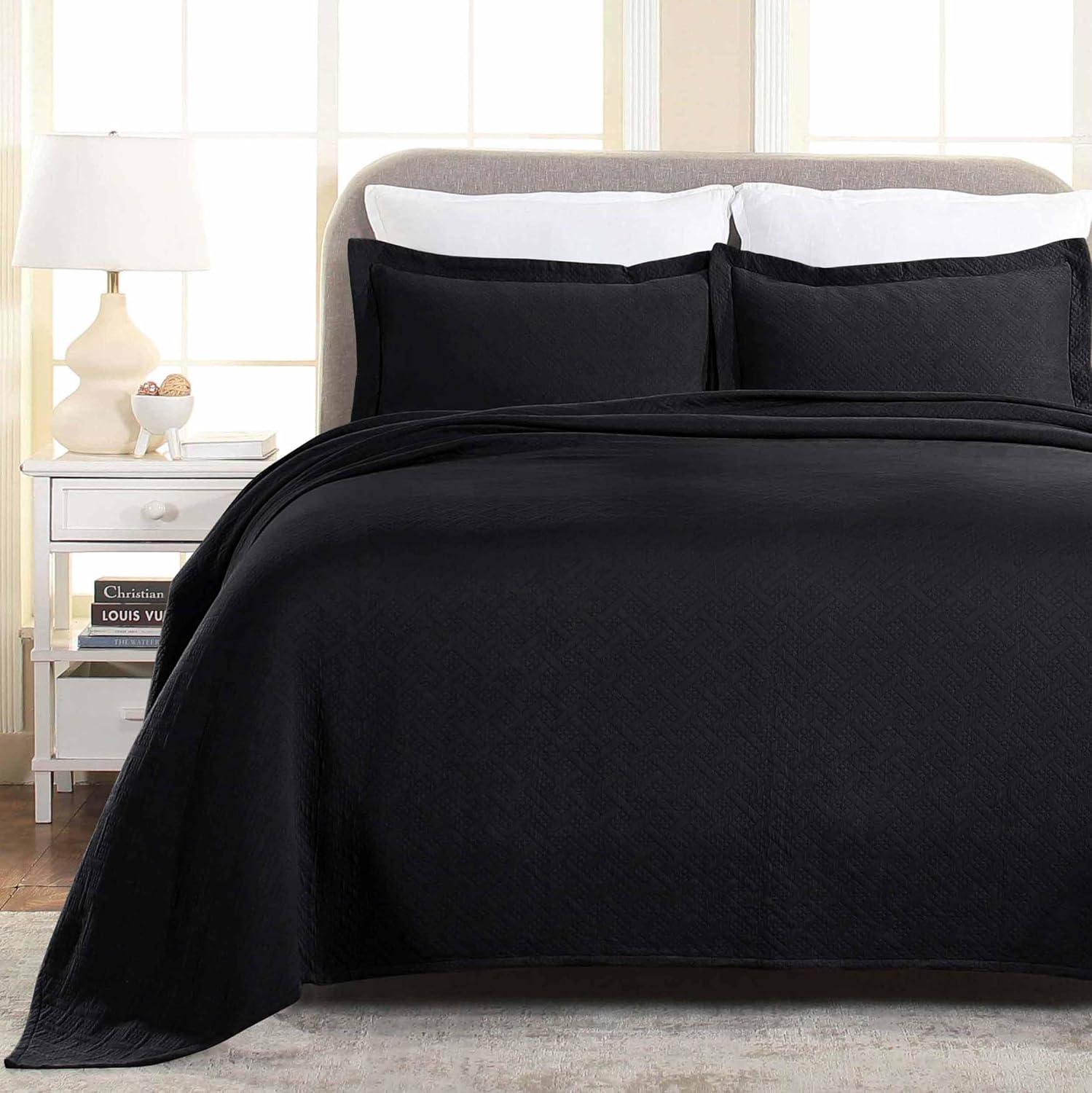 Superior Cotton Basket Bedspread 3 Piece Set, Queen, Black