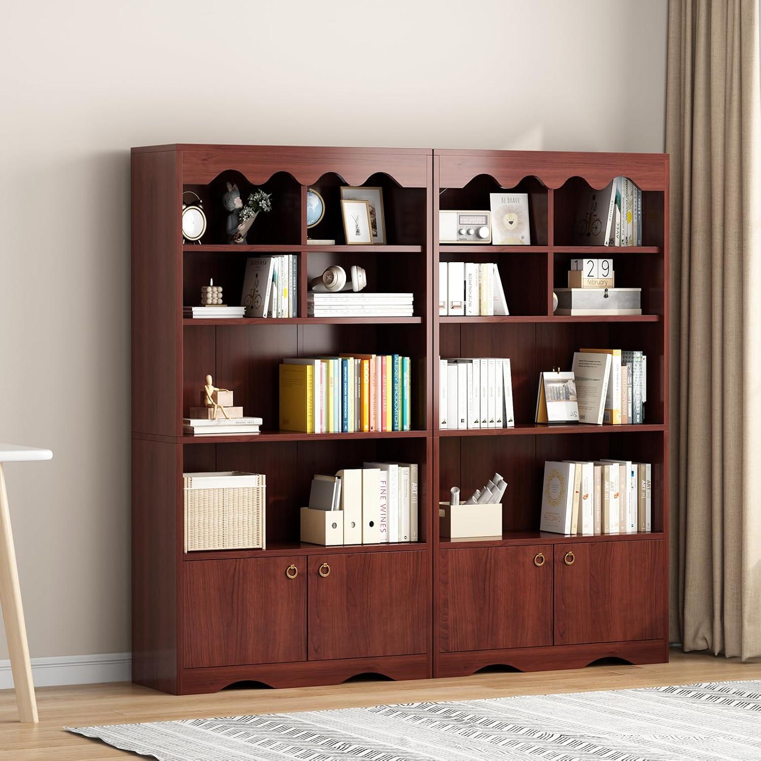 Bookshelf 5 Tier Open, Bookcase Modern with Doors, Wood Bookcase Storage Organizer Shelf, 63 inch Storage Shelves for Bedroom Living Room Office