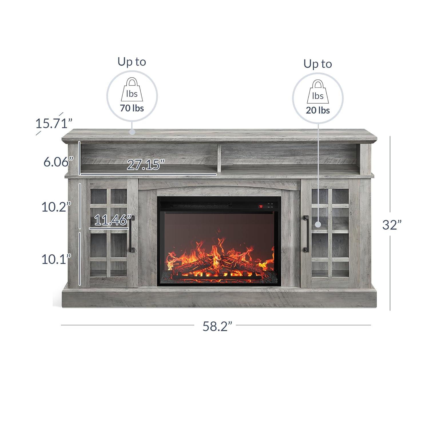 Gray Wash 58" TV Stand with Electric Fireplace and Cabinets