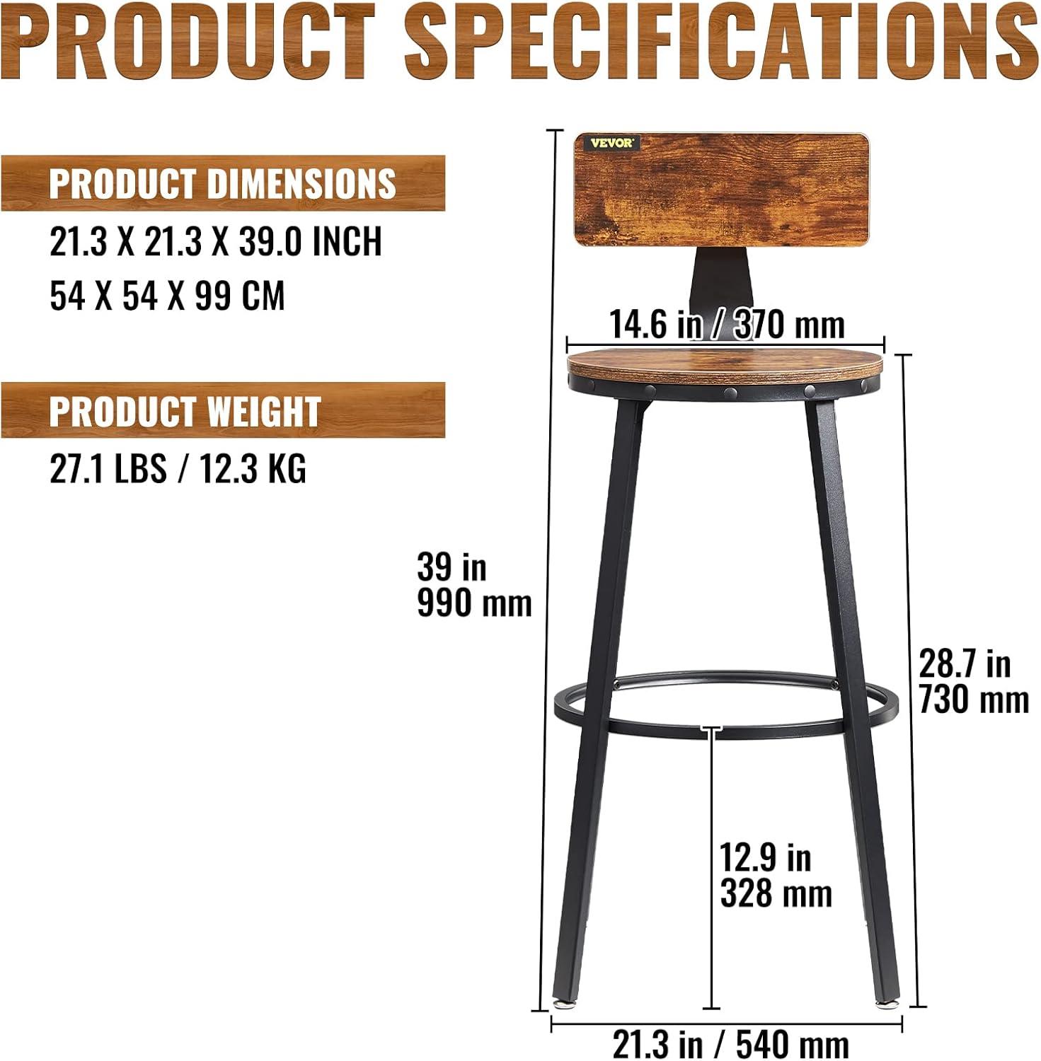 VEVOR Rustic Bar Stools, 25.6” Tall Rectangle Seat, Set of 2 Bar Chairs with Footrest Steel Frame Adjustable Feet, Wooden Industrial Kitchen Stool for Kitchen Dining Living Room, Rustic Brown