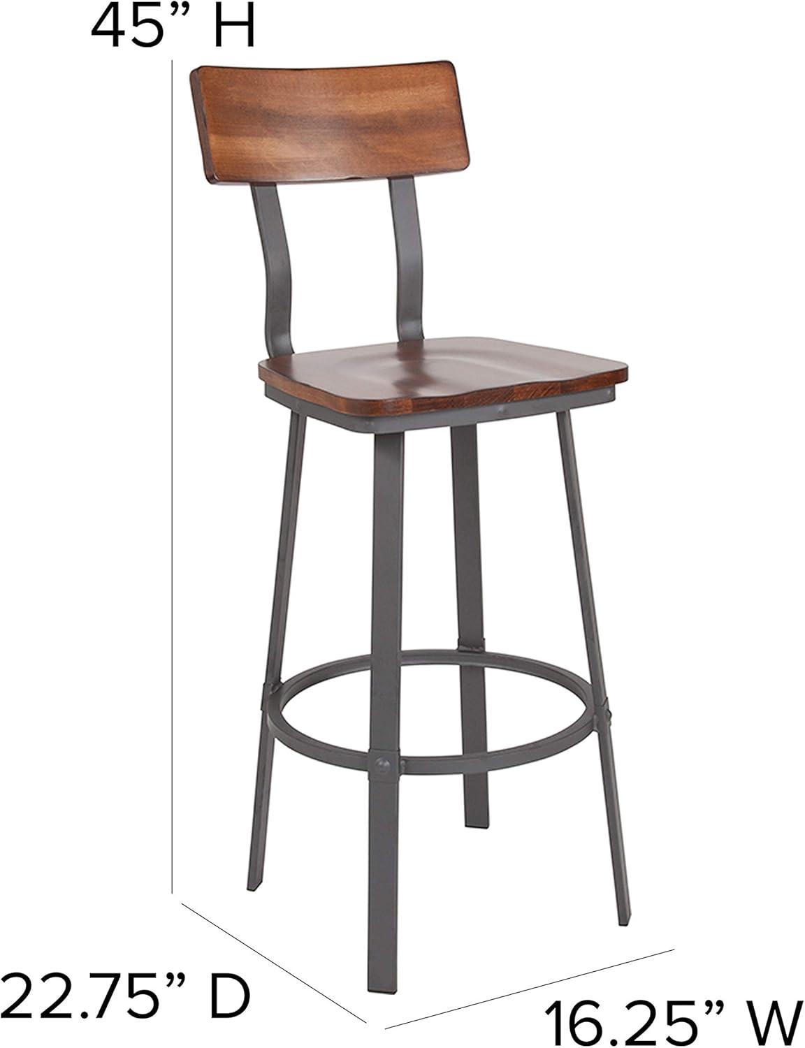 Flash Furniture Flint Series Rustic Walnut Restaurant Barstool with Wood Seat & Back and Gray Powder Coat Frame