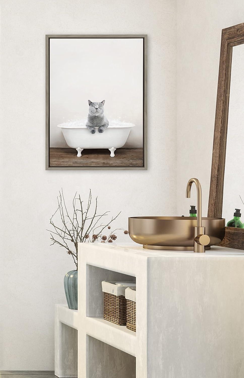18" x 24" Sylvie Cat in Rustic Bath Framed Canvas by Amy Peterson: Bathroom Wall Art Decor - Kate & Laurel