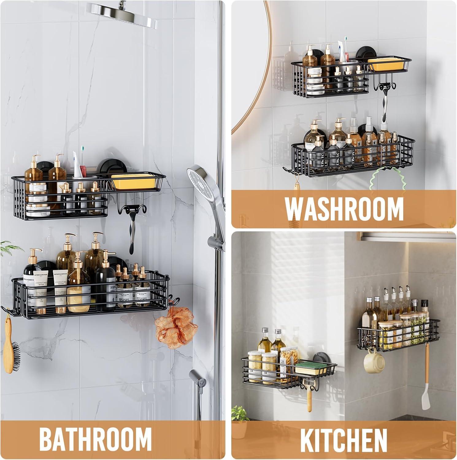 Shower Caddy Suction Cup 2 Pack With Hooks & Soap Holder, Heavy Duty Shower Organizer For Bathroom