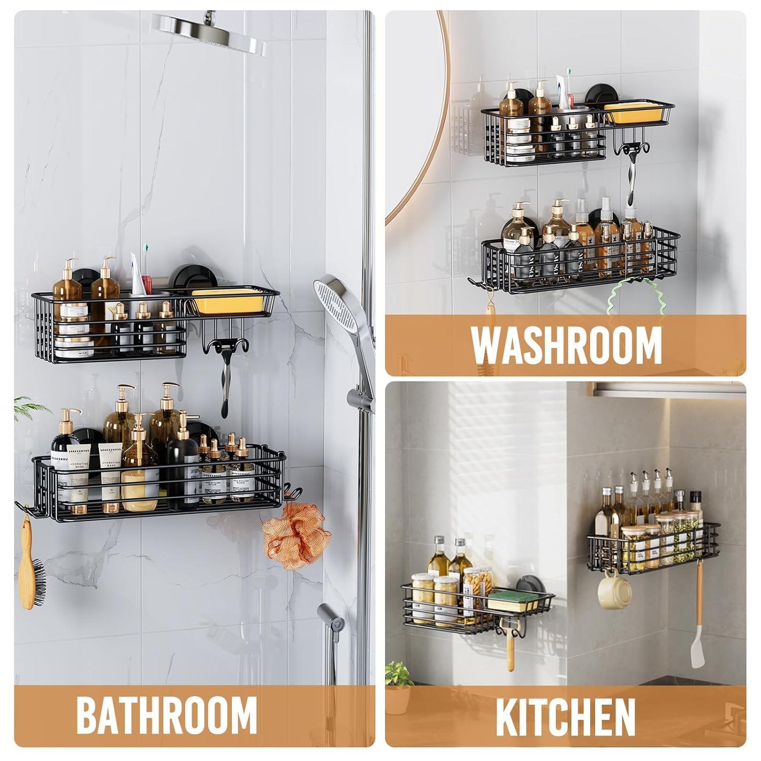 Shower Caddy Suction Cup 2 Pack With Hooks & Soap Holder, Heavy Duty Shower Organizer For Bathroom