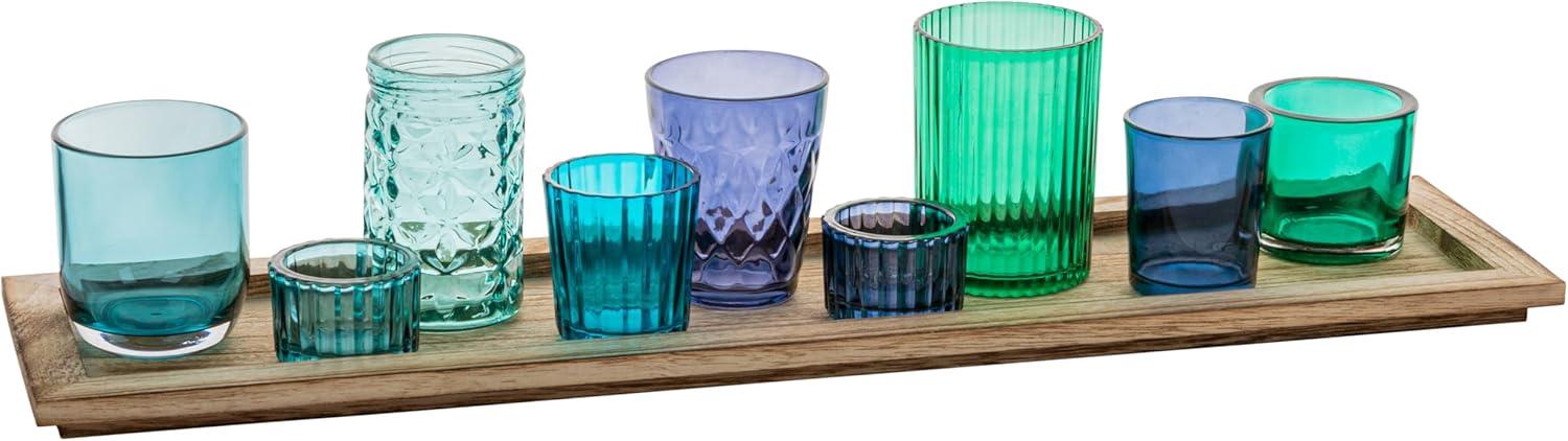 Creative Co-Op Wood Tray with 9 Blue & Green Glass Votive Holders (Set of 10 Pieces)