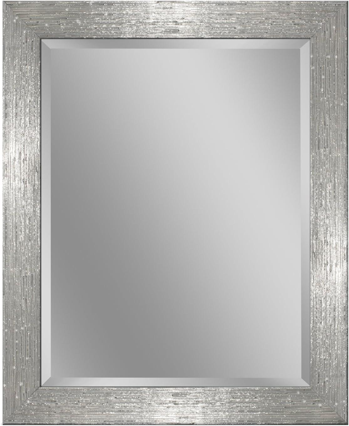 Elegant Chrome and White Textured Rectangular Beveled Wall Mirror - 27.5" x 33.5"