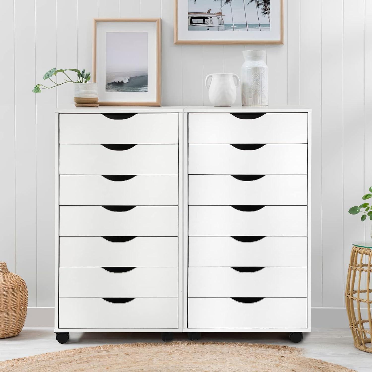 HeSLehs 7-Drawer Organizer, Tall Chest of Drawers with Caster Wheels, Alex Drawers File for Home Office, White