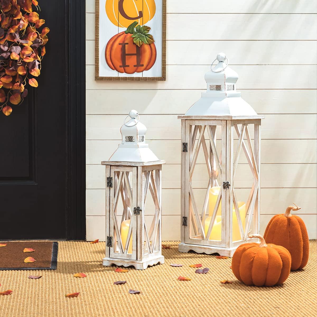 Farmhouse Wood Metal Lanterns Decorative Hanging Candle Lanterns White Set of 2 (No Glass)