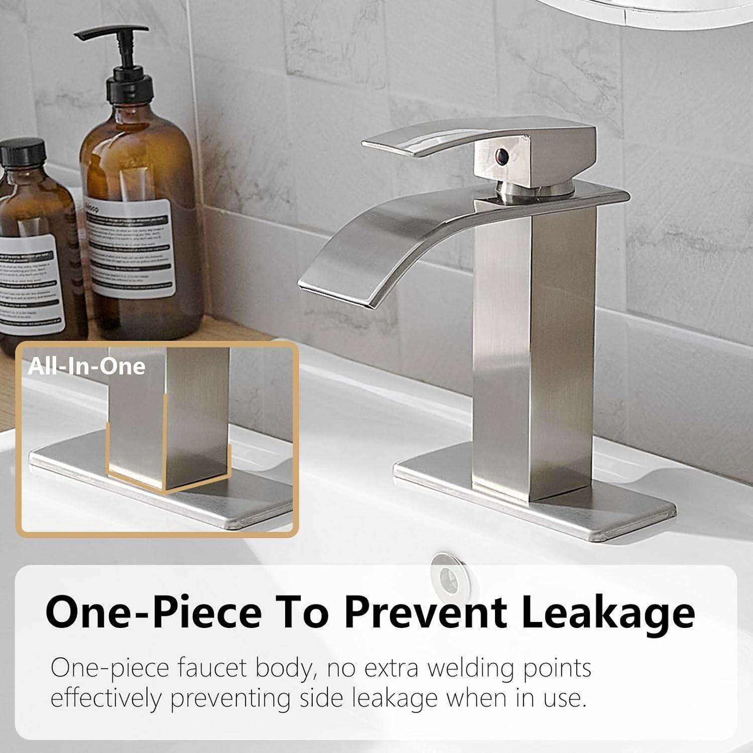 Brushed Nickel Square Waterfall Bathroom Faucet with Deck Plate