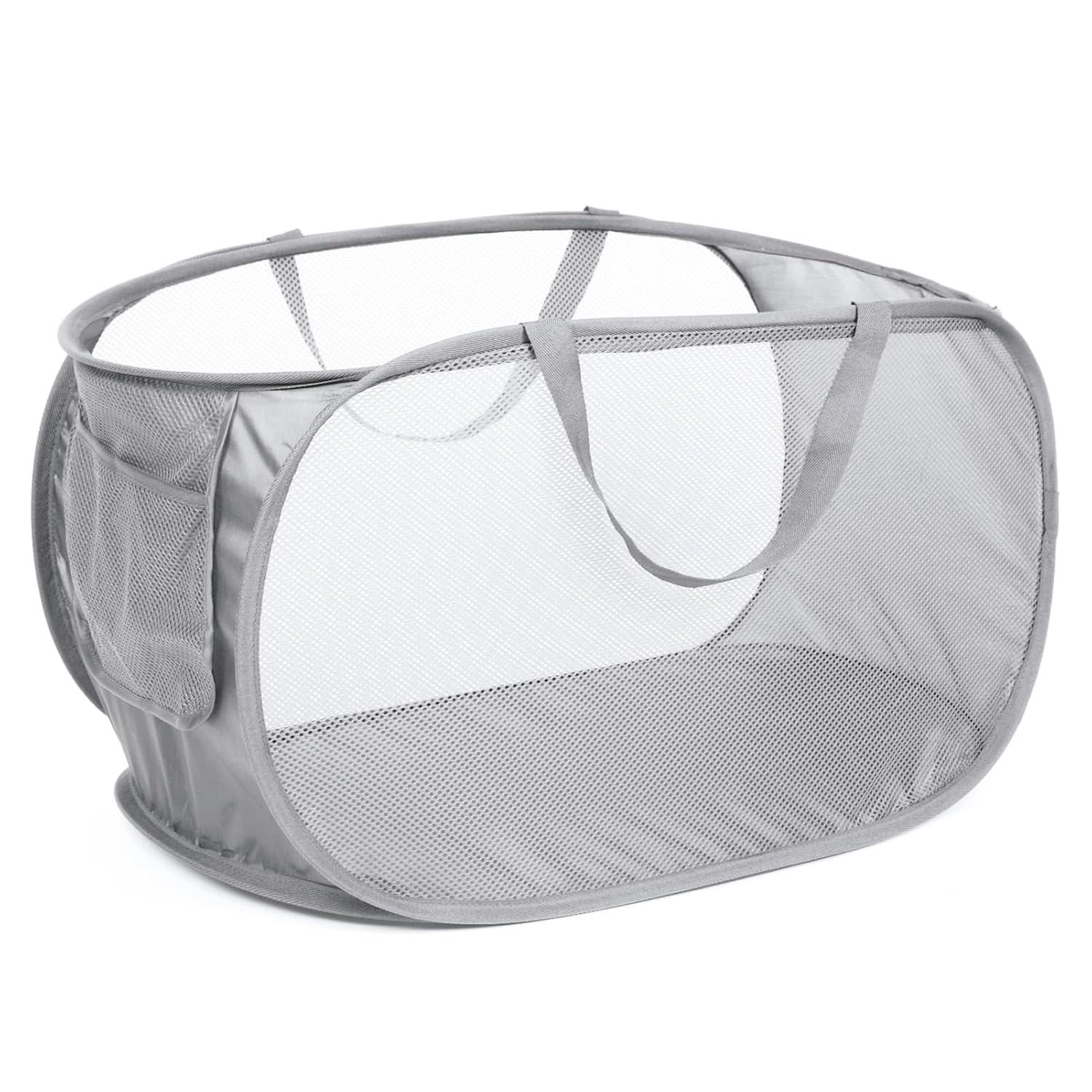 Durable Collapsible Laundry Baskets, Mesh Pop Up Laundry Hamper with Side Pocket, Foldable Clothes Storage Hamper with Reinforced Carry Handles for Laundry, Bathroom, Kids Room, Dorm or Travel Grey