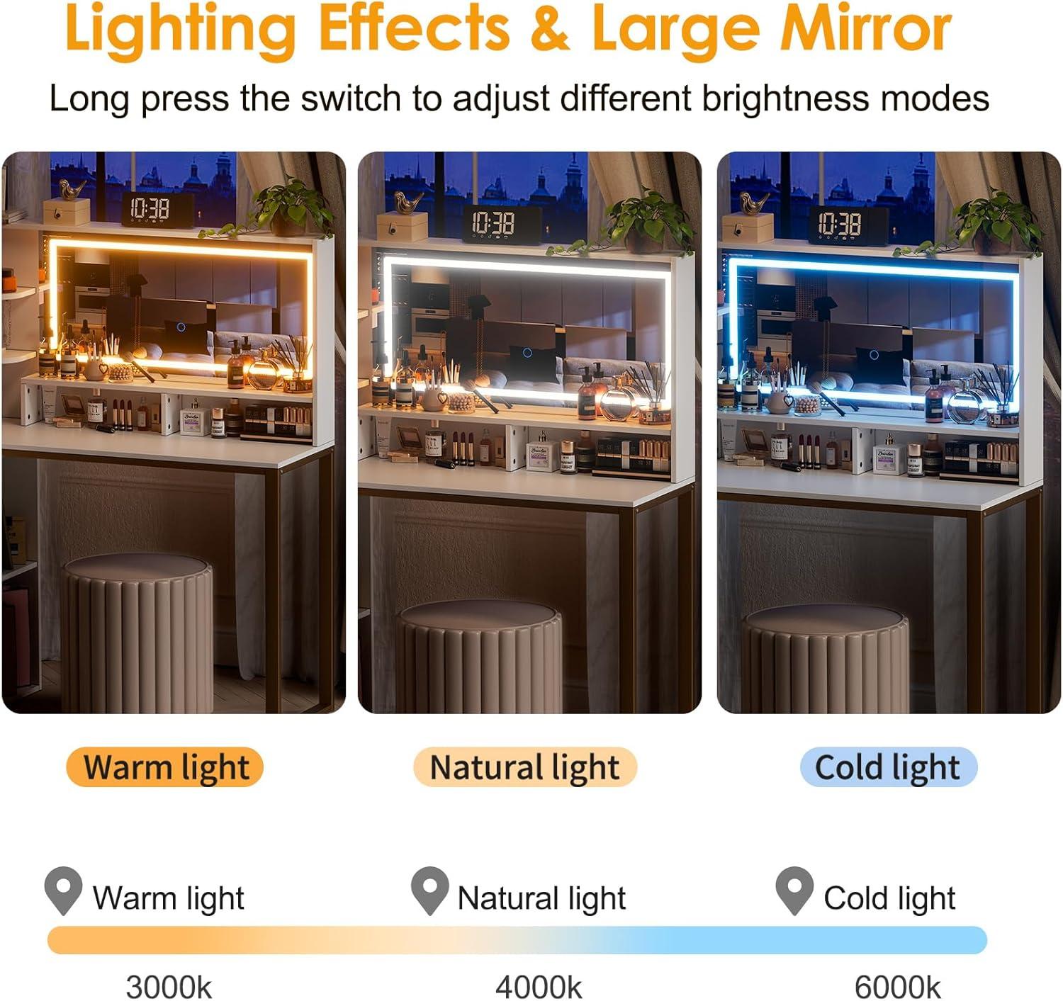 PAKASEPT Vanity Set with Lighted Mirror, Vanity Desk Makeup Vanity with 3-Color Adjustable Touch Light, 5 Drawers, Storage Shelves,Large Bedroom Vanitys for Women Girls