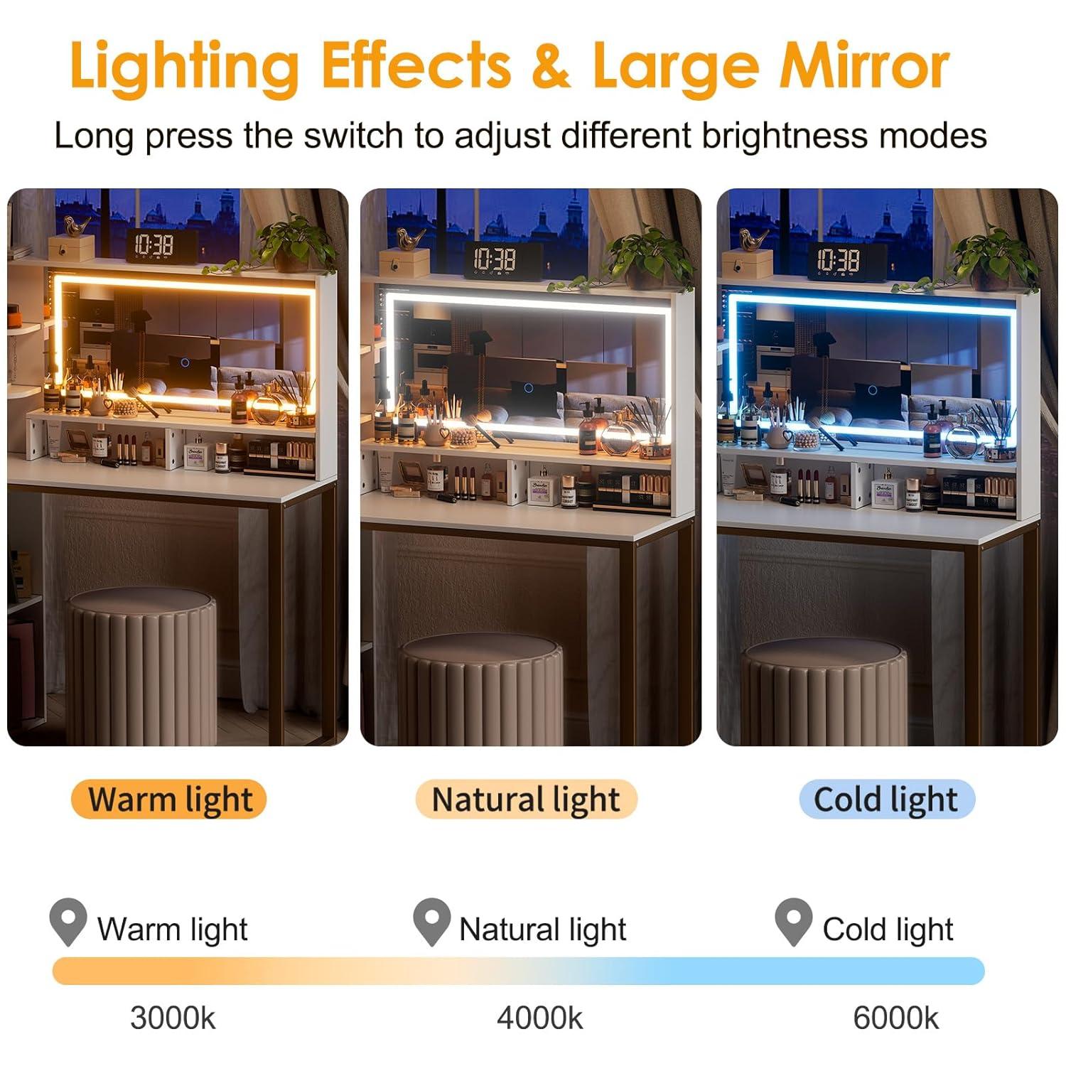 PAKASEPT Vanity Set with Lighted Mirror, Vanity Desk Makeup Vanity with 3-Color Adjustable Touch Light, 5 Drawers, Storage Shelves,Large Bedroom Vanitys for Women Girls