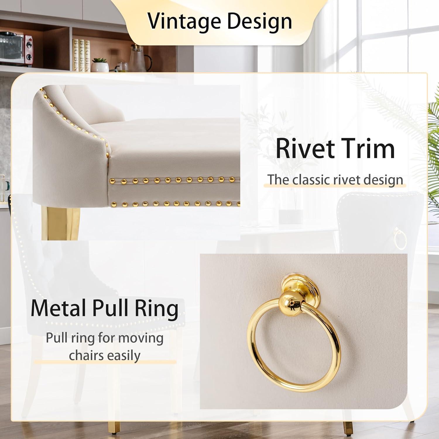 BELLEZE Upholstered Dining Chairs Set of 2, Velvet Luxury Dining Room Chairs with Button Back, Nailhead Trim, Pull-ring, Solid Wood Legs for Kitchen, Living Room, Restaurant - Chandler (Beige)