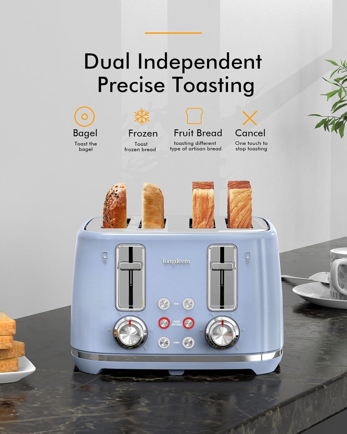 4 Slice Toaster, Extra Wide Slots, Longdeem Retro Stainless Steel Toasters, 6 Browning Options, Auto Shut Off & Frozen Function, Toast Fruit Bread, Bagel & Waffle