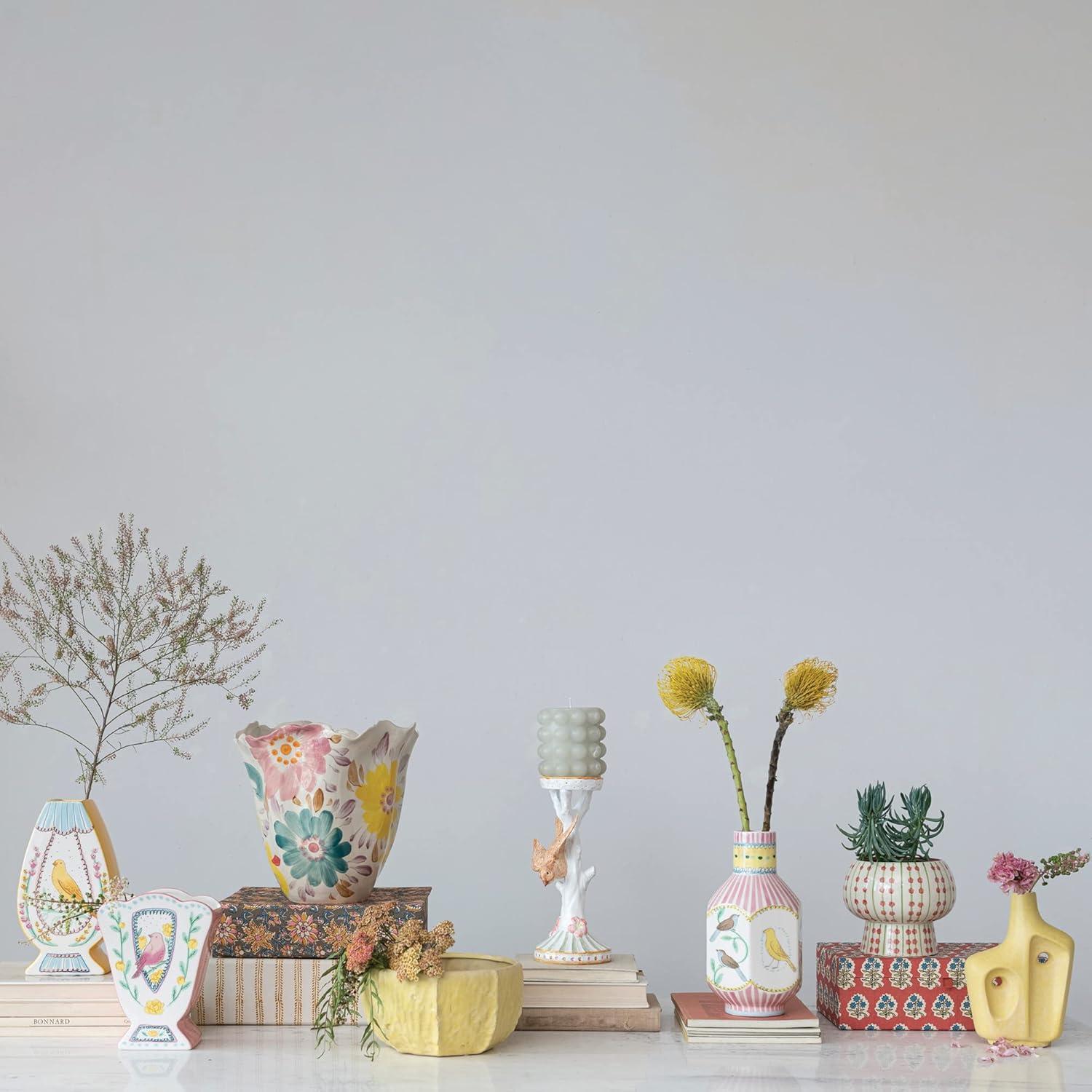 Multicolor Ceramic Vase with Hand-Painted Bird Design